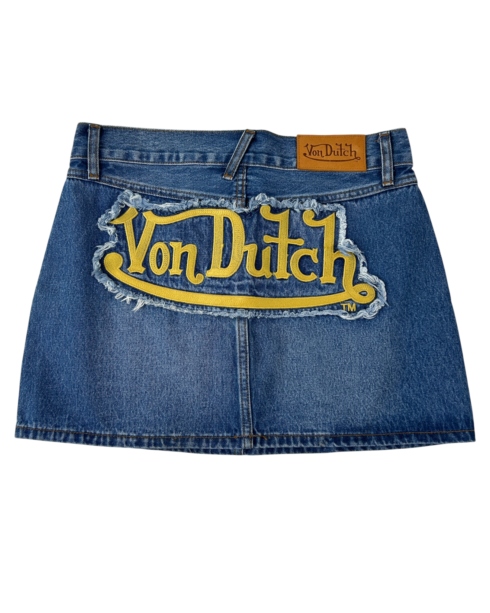 VON DUTCH Yellow Logo Patch Denim Mini Skirt