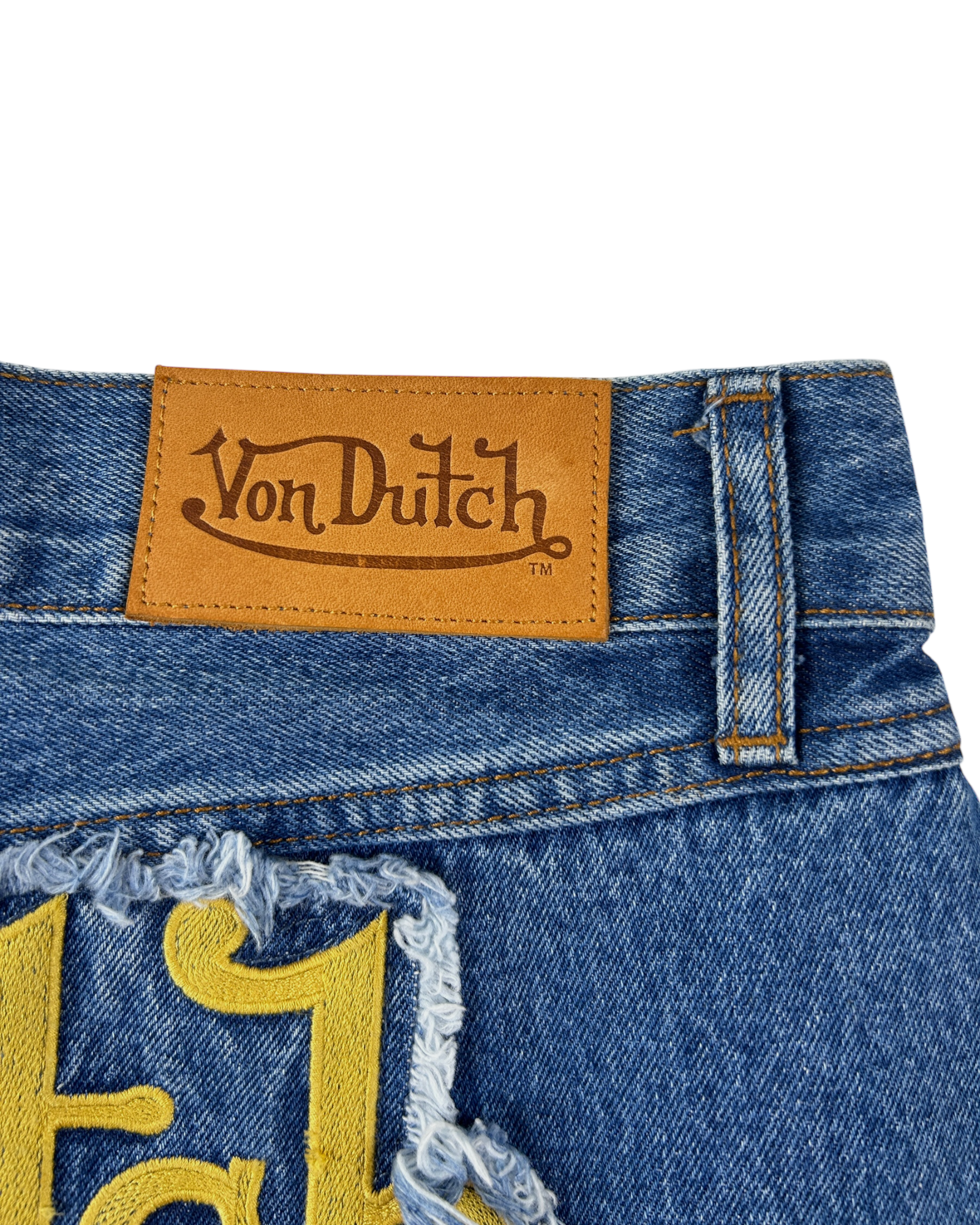 VON DUTCH Yellow Logo Patch Denim Mini Skirt