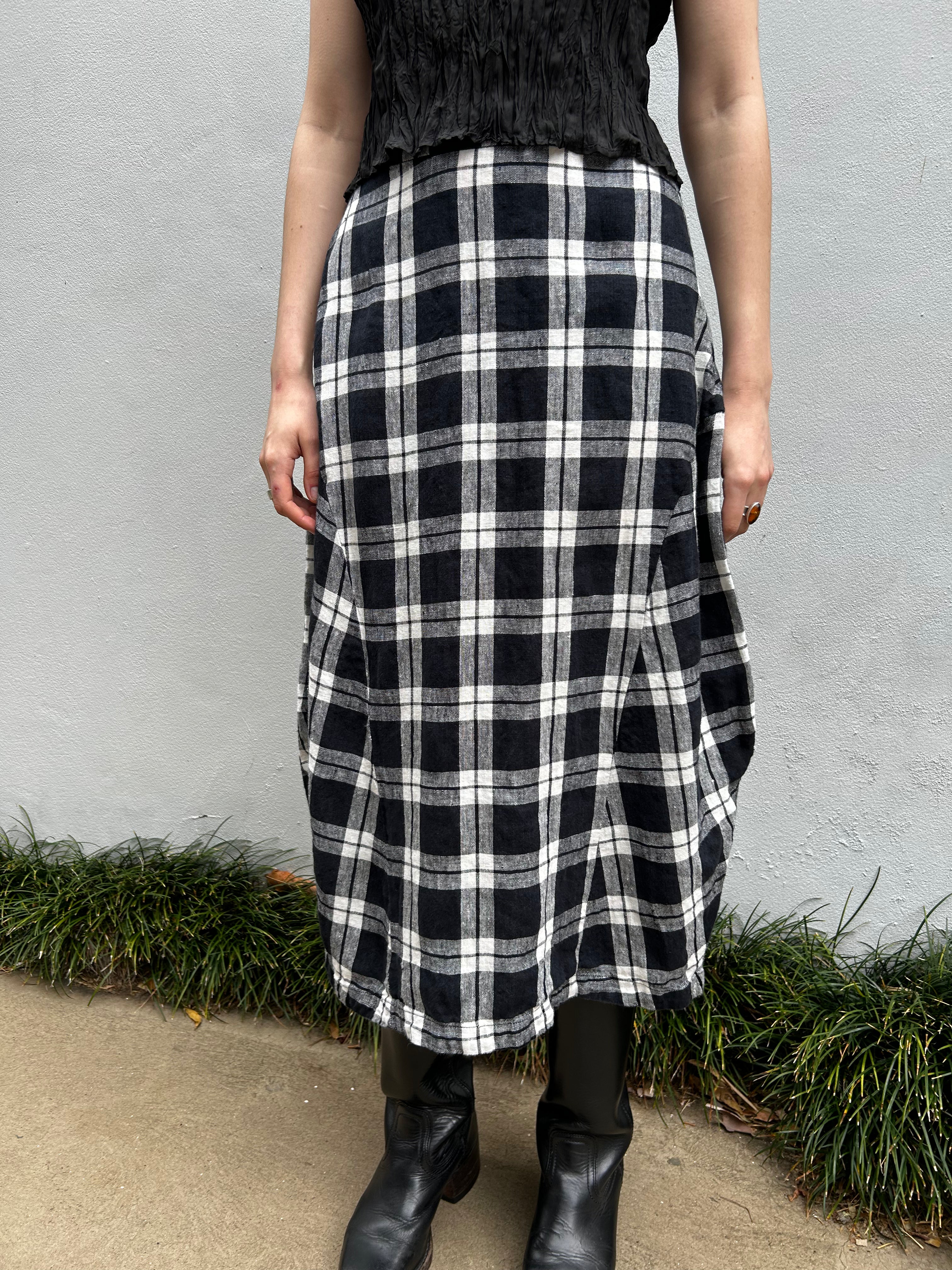 ALPHA60 Plaid Linen Midi Skirt
