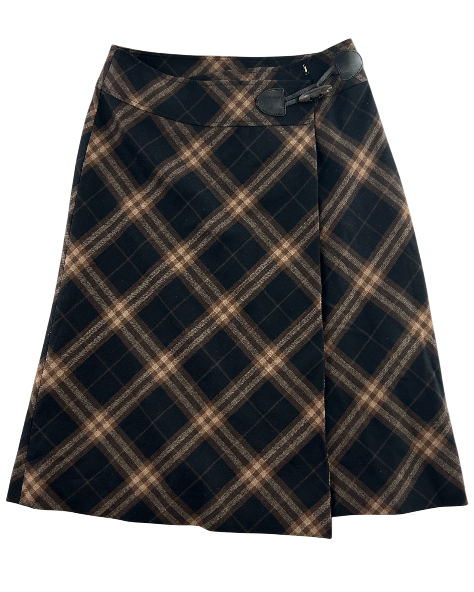 BURBERRY LONDON Wool Check Toggle Closure Midi Skirt