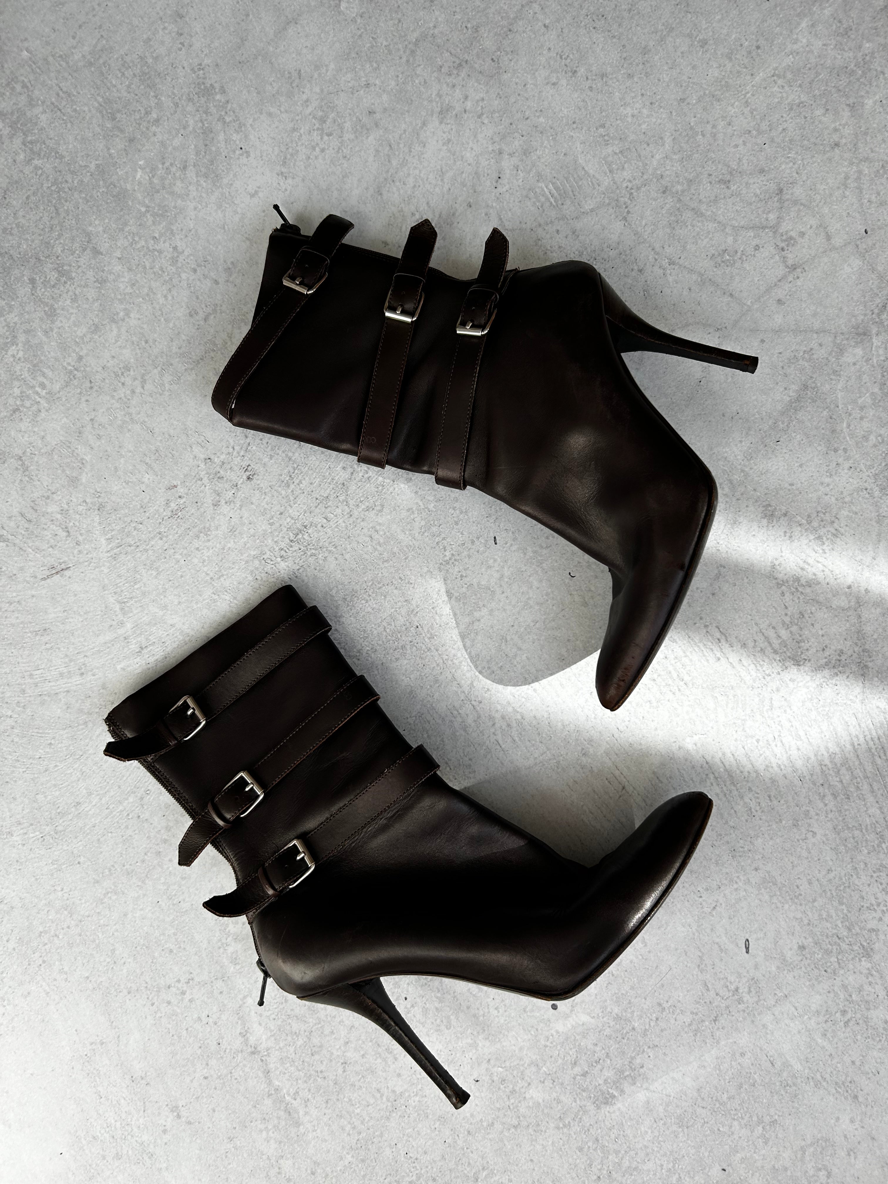 HELMUT LANG (AS IS) Brown Triple Buckle Stiletto Boots