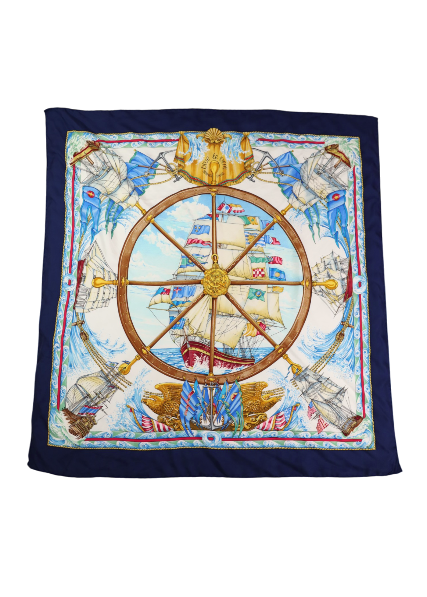 HERMES 'Vive Le Vent Carre 90' Navy/Multicolour Silk Nautical Scarf