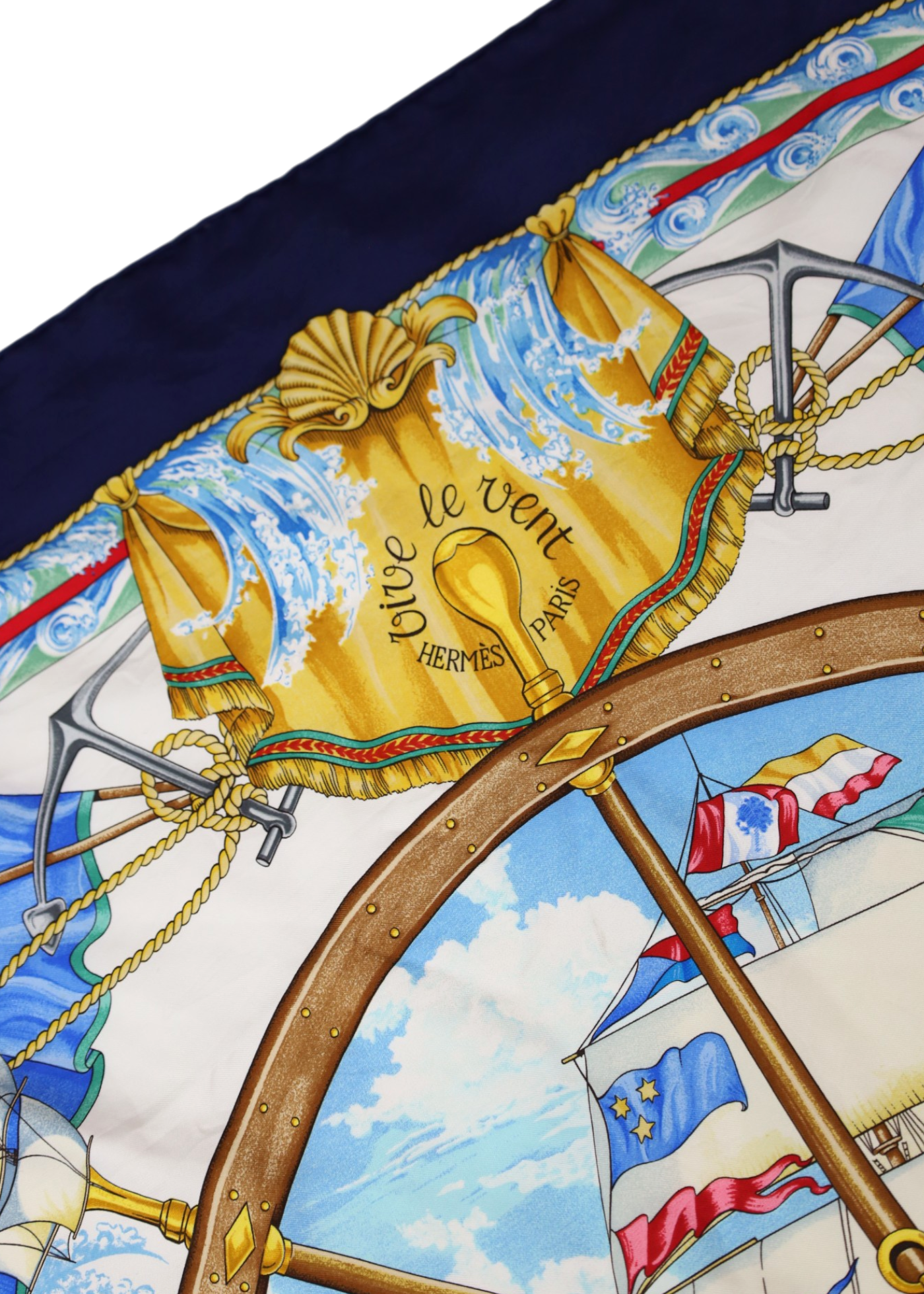 HERMES 'Vive Le Vent Carre 90' Navy/Multicolour Silk Nautical Scarf