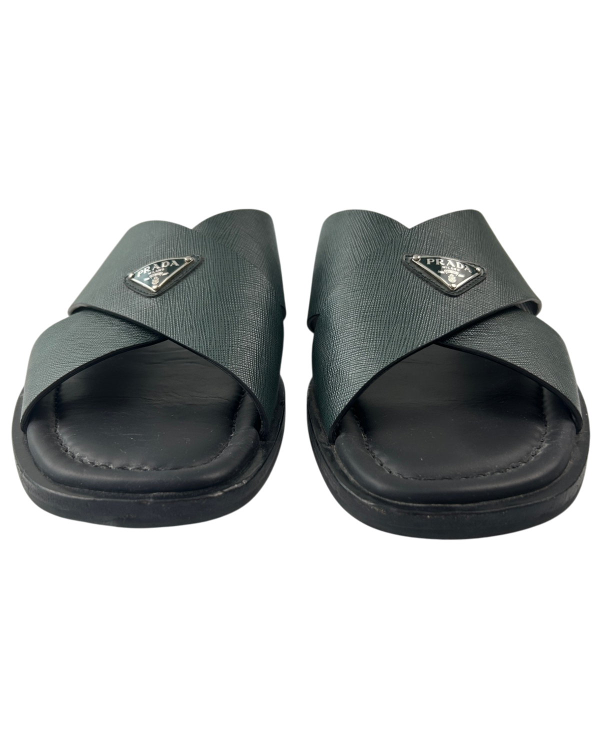 PRADA Green Saffiano Criss Cross Slides