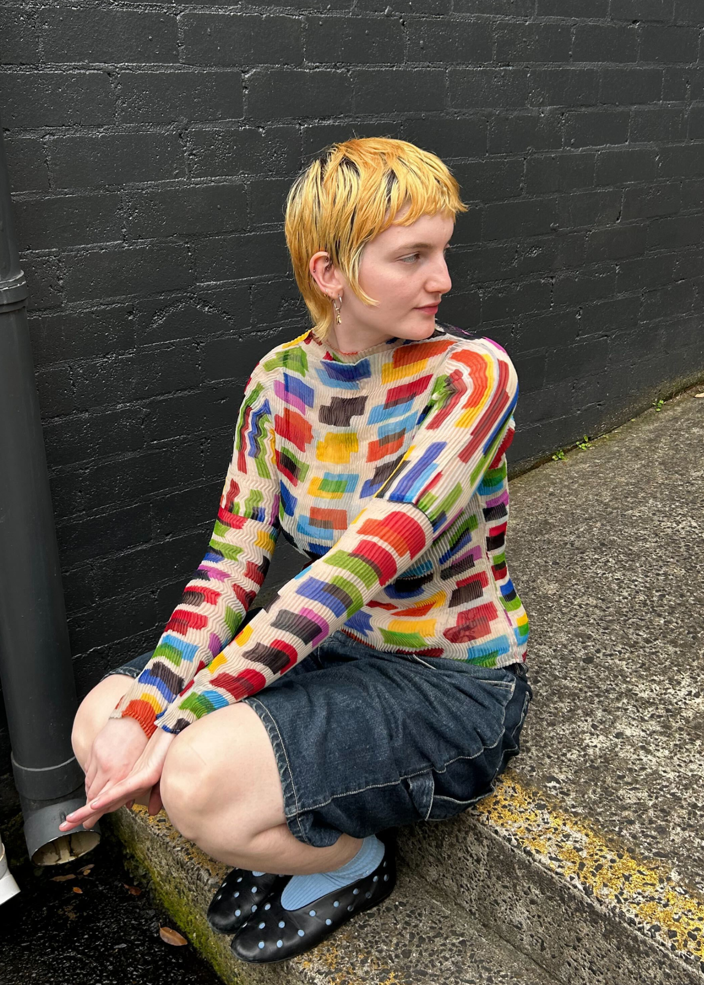 ISSEY MIYAKE FETE (AS IS) Multicoloured Square Print Pleat Mock Neck