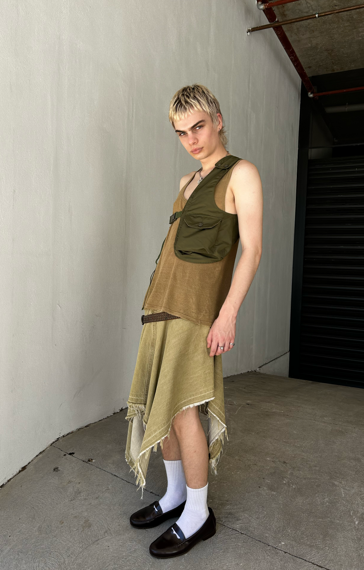 PERMANENT VACATION Olive Green Denim Handkerchief Midi Skirt