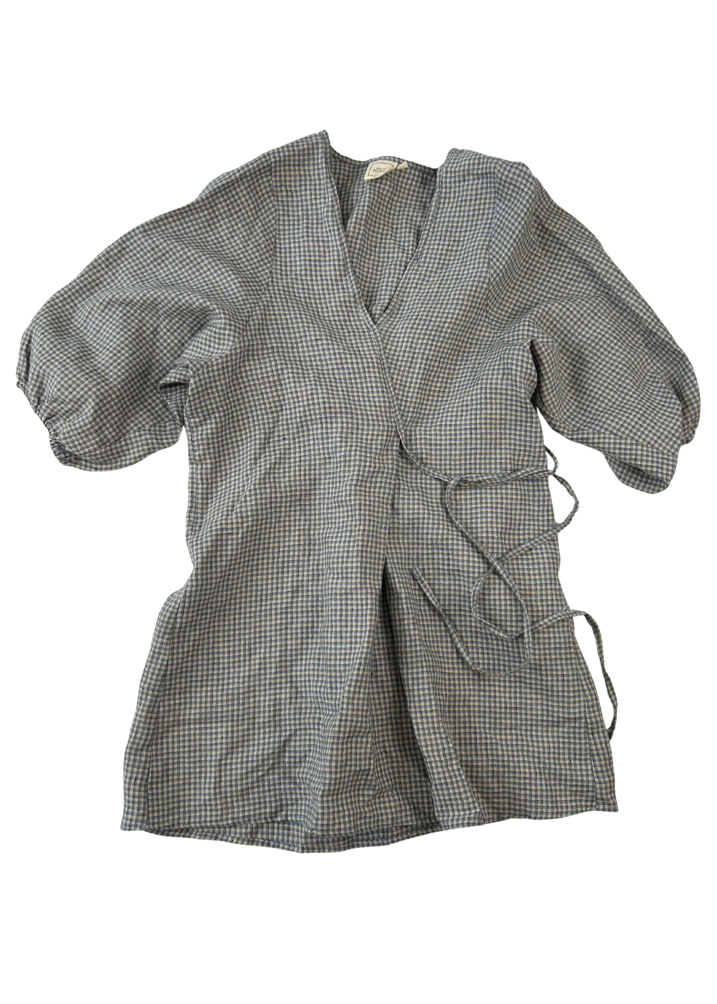 DEIJI STUDIOS Linen Check Side Tie Mini Dress