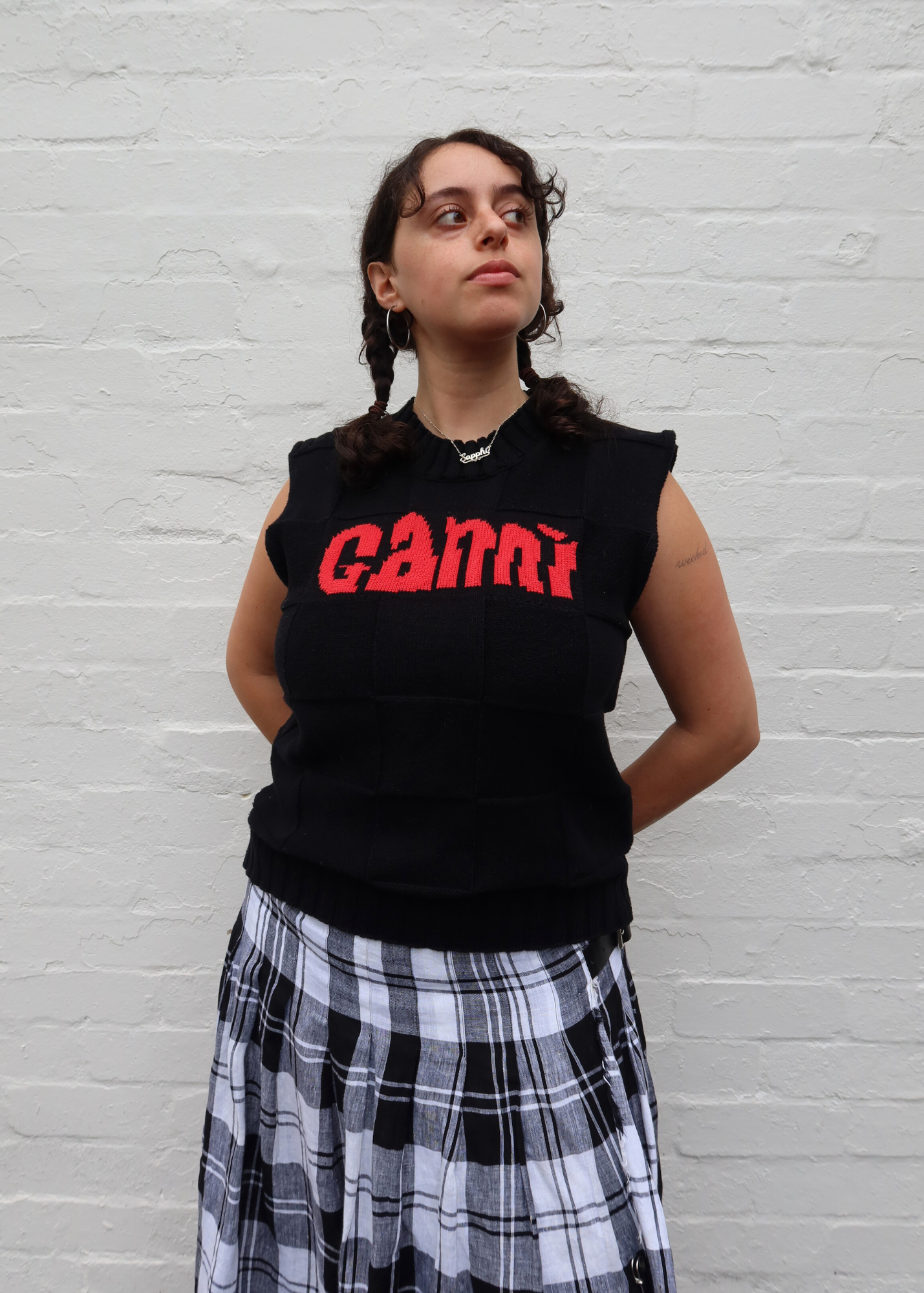 GANNI (AS IS) Logo Black Checkerboard Knit Vest
