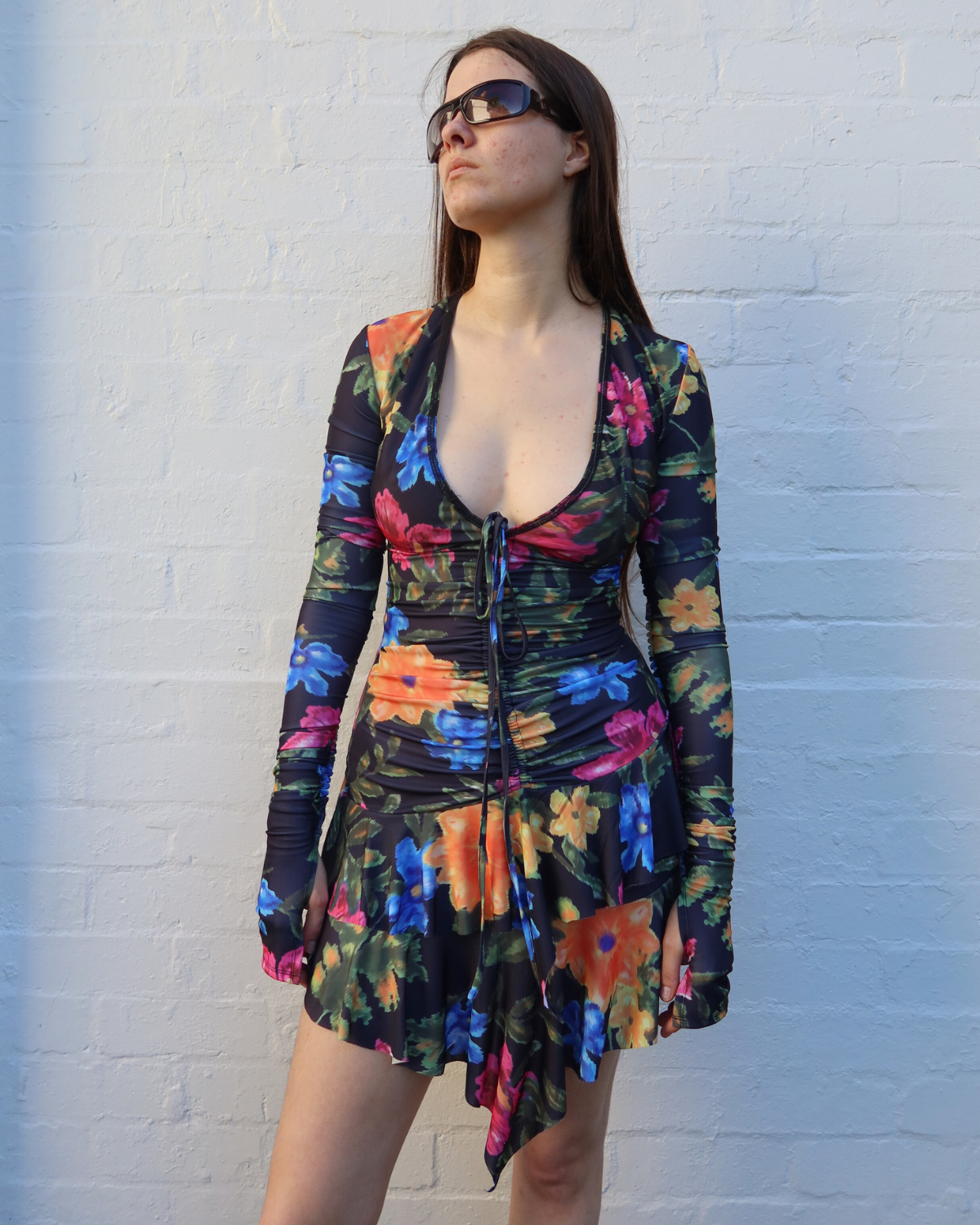 KOURH (AS IS) Abstract Floral Ruched Frill Dress