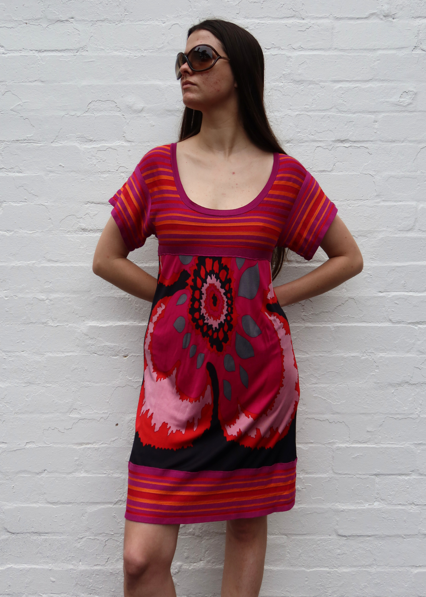 MISSONI Striped Floral Knit Bodice Midi