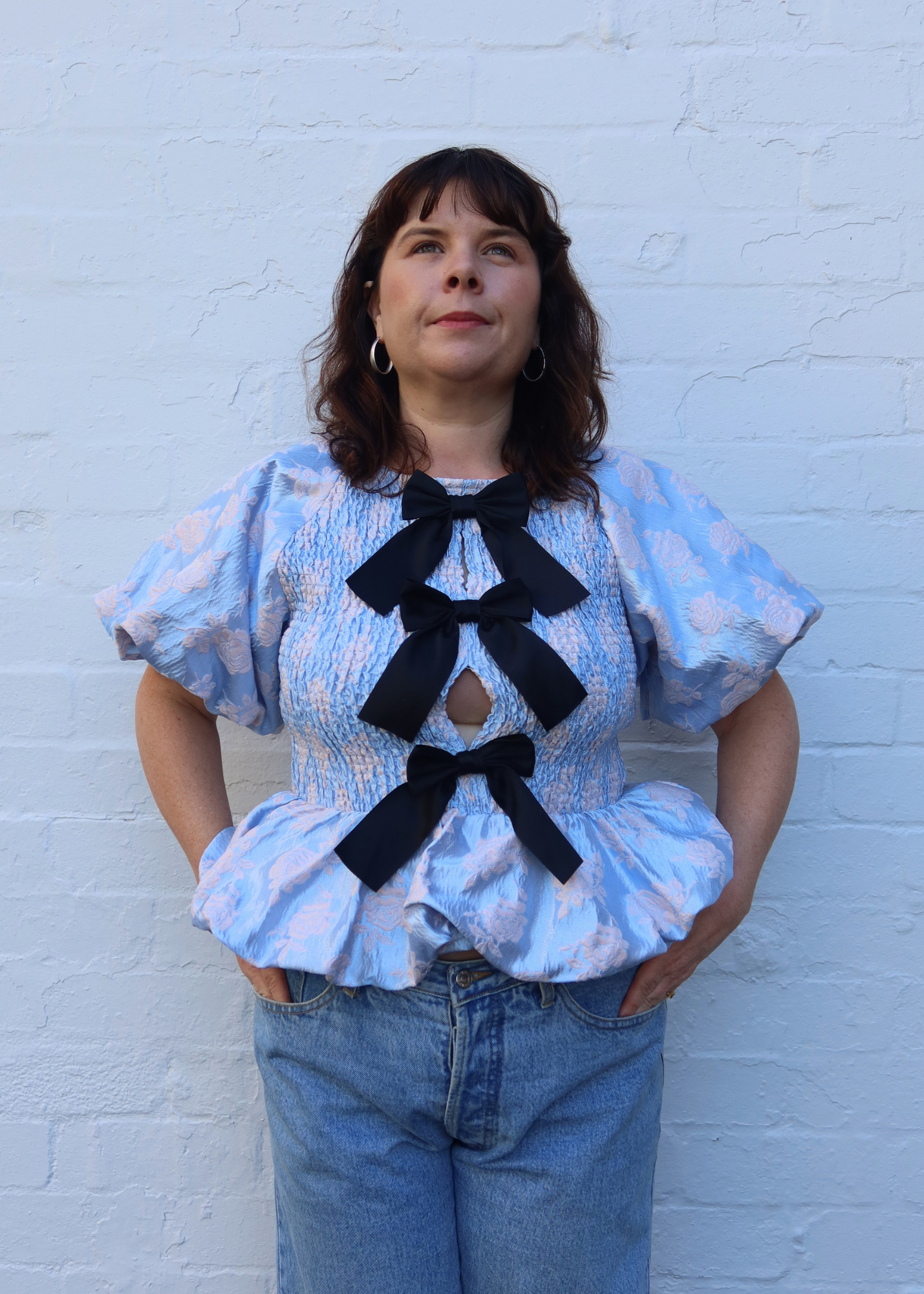 SISTER JANE (BNWT) Jacquard Puff Sleeve Shirred Blouse