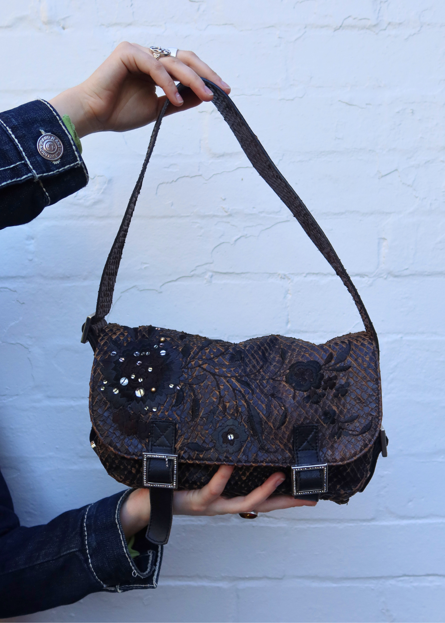 JOHN GALLIANO (AS IS) Brown/Black Snake Embossed Leather Embroidered Shoulder Bag