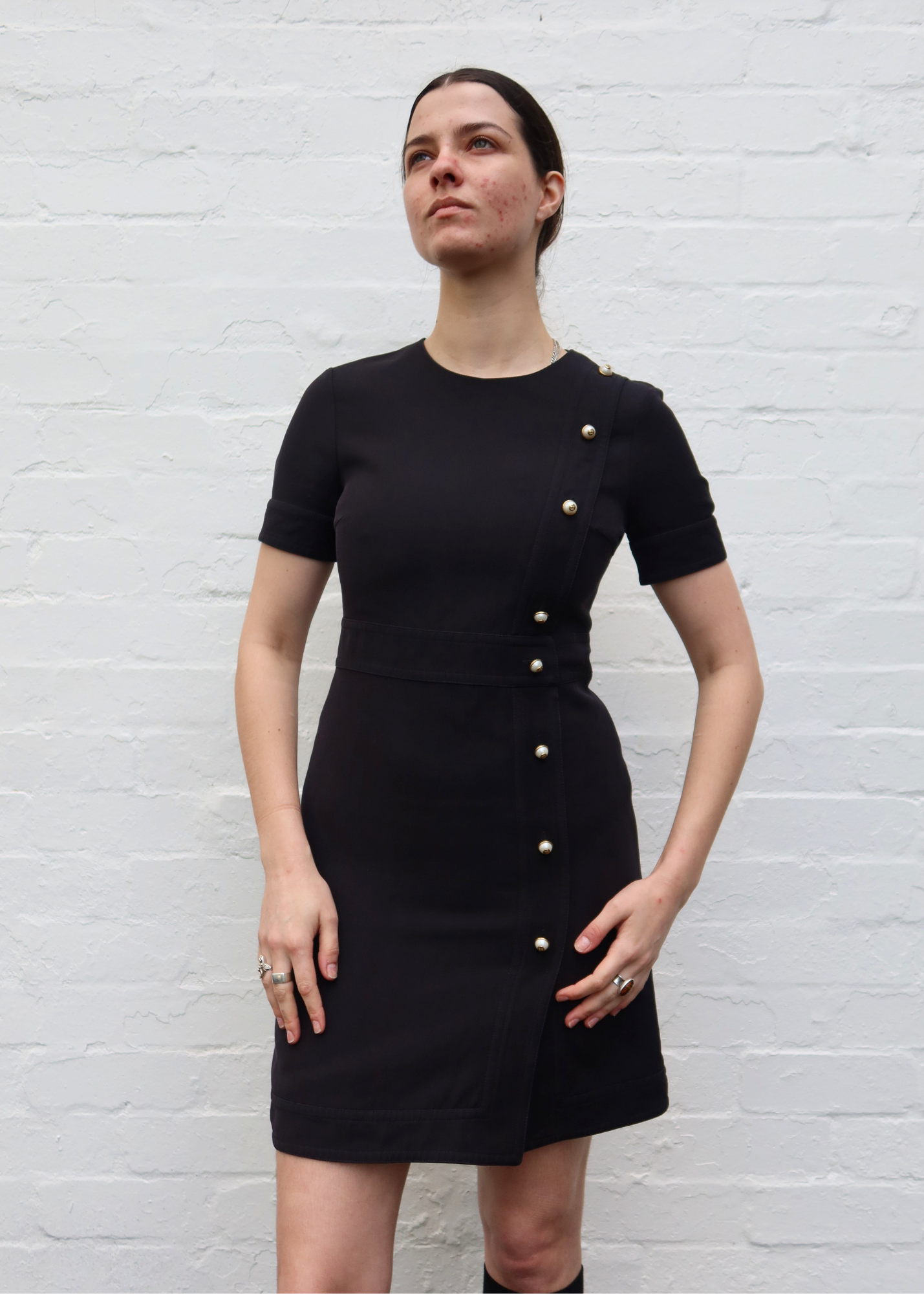 GUCCI (AS IS) Pre Fall 2016 Wool/Silk Faux Pearl Button Shift Mini Dress