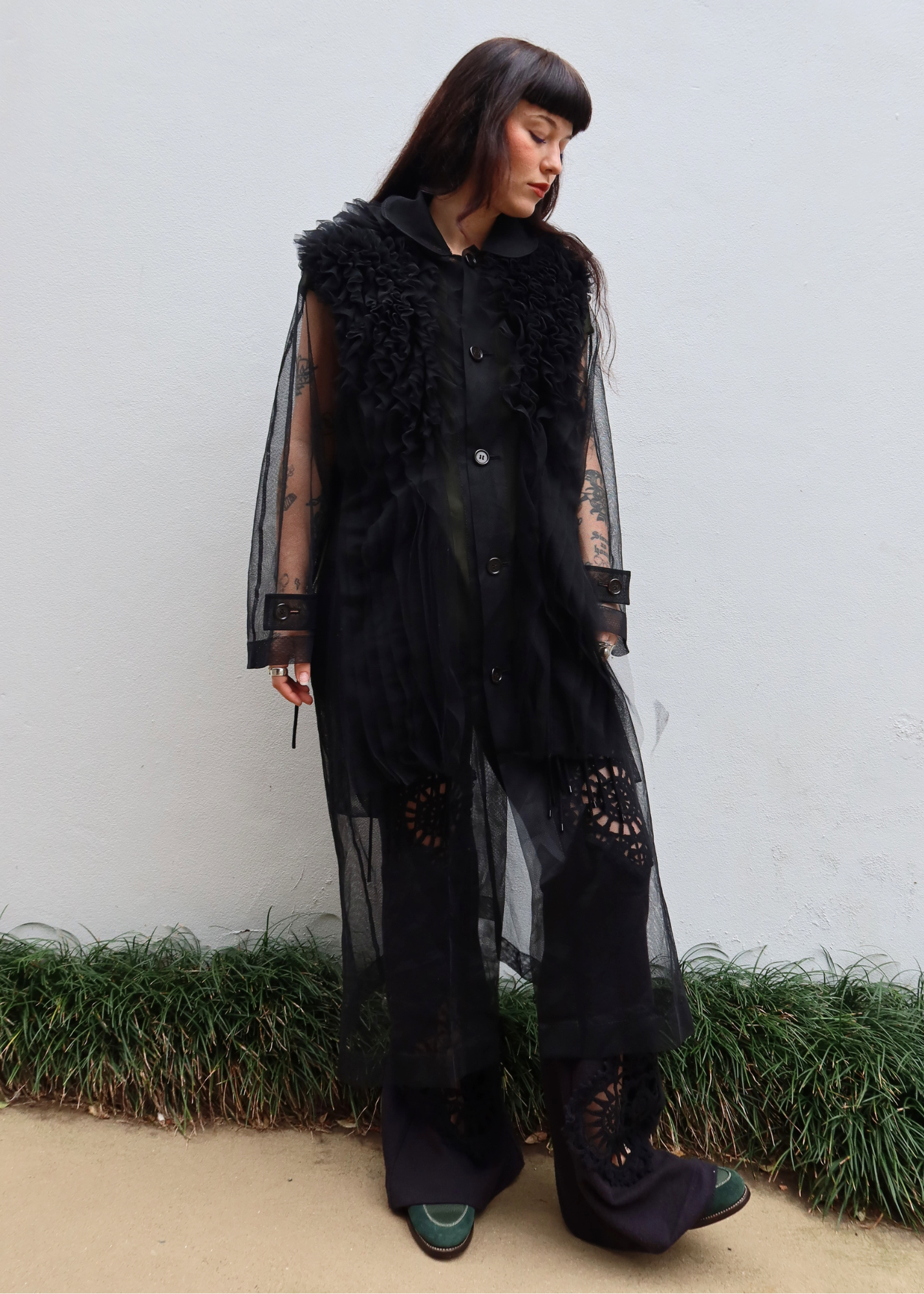 NOIR KEI NINOMIYA 2019 Mesh Ruffle Applique Coat W/ Peter Pan Collar