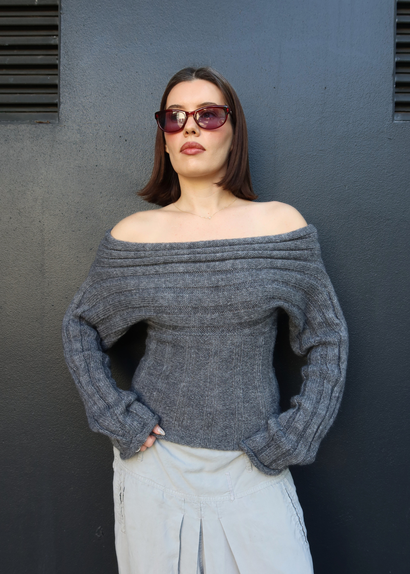 ISABELLA VRANA Grey Mohair Blend Multiway Knit Off-Shoulder Jumper