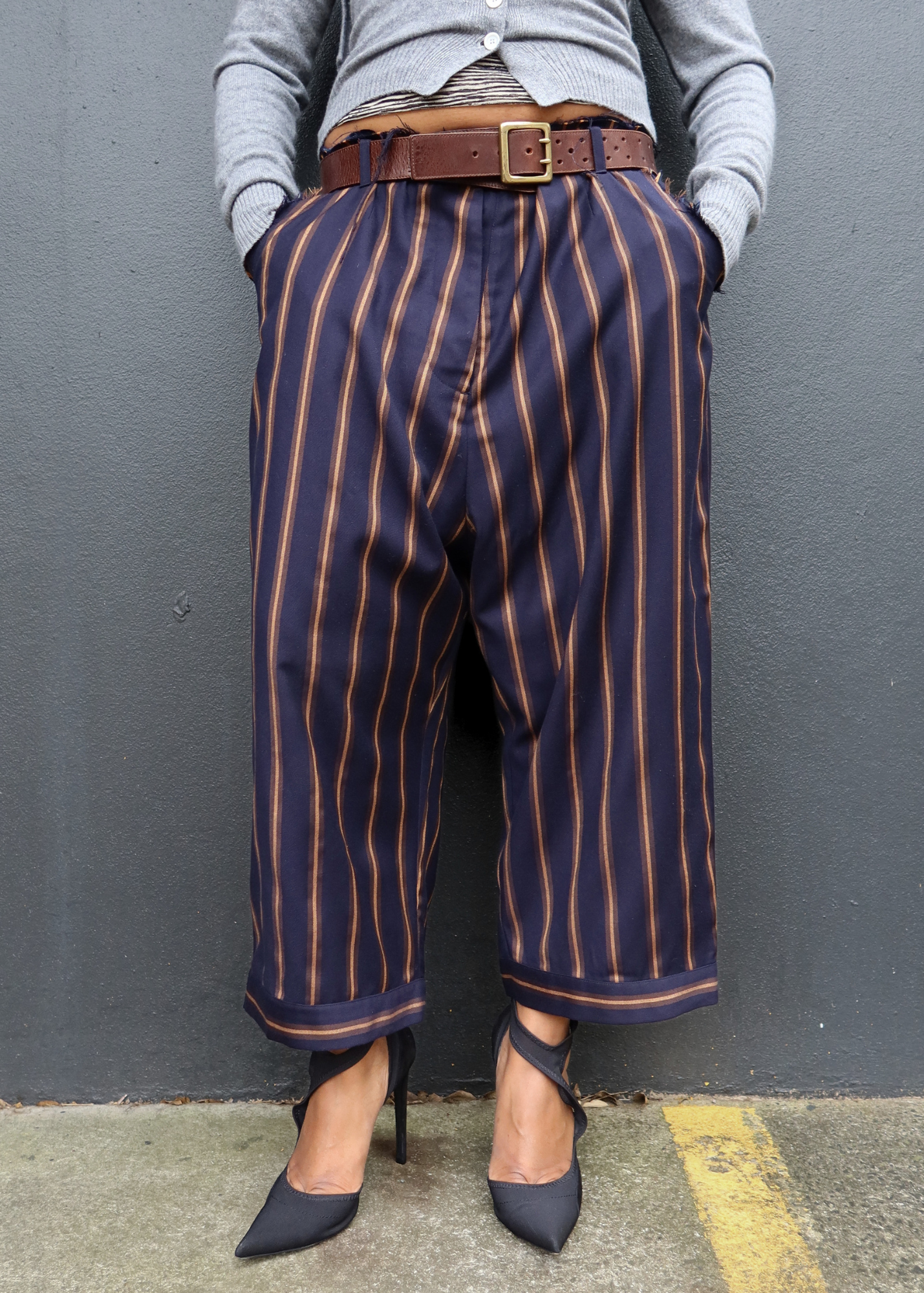 COOPER Navy/Brown Stripe Raw Waist Pants