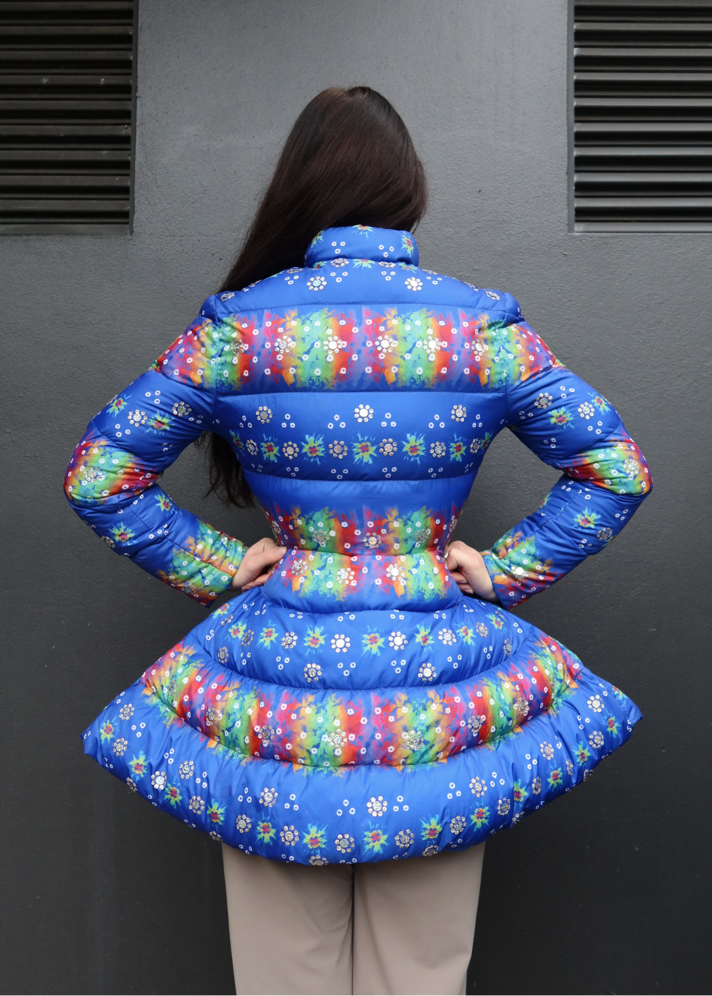 ADIDAS X JEREMY SCOTT (SAMPLE) 2012 Rainbow Tie Dye Puff Coat W/ Flute Skirt