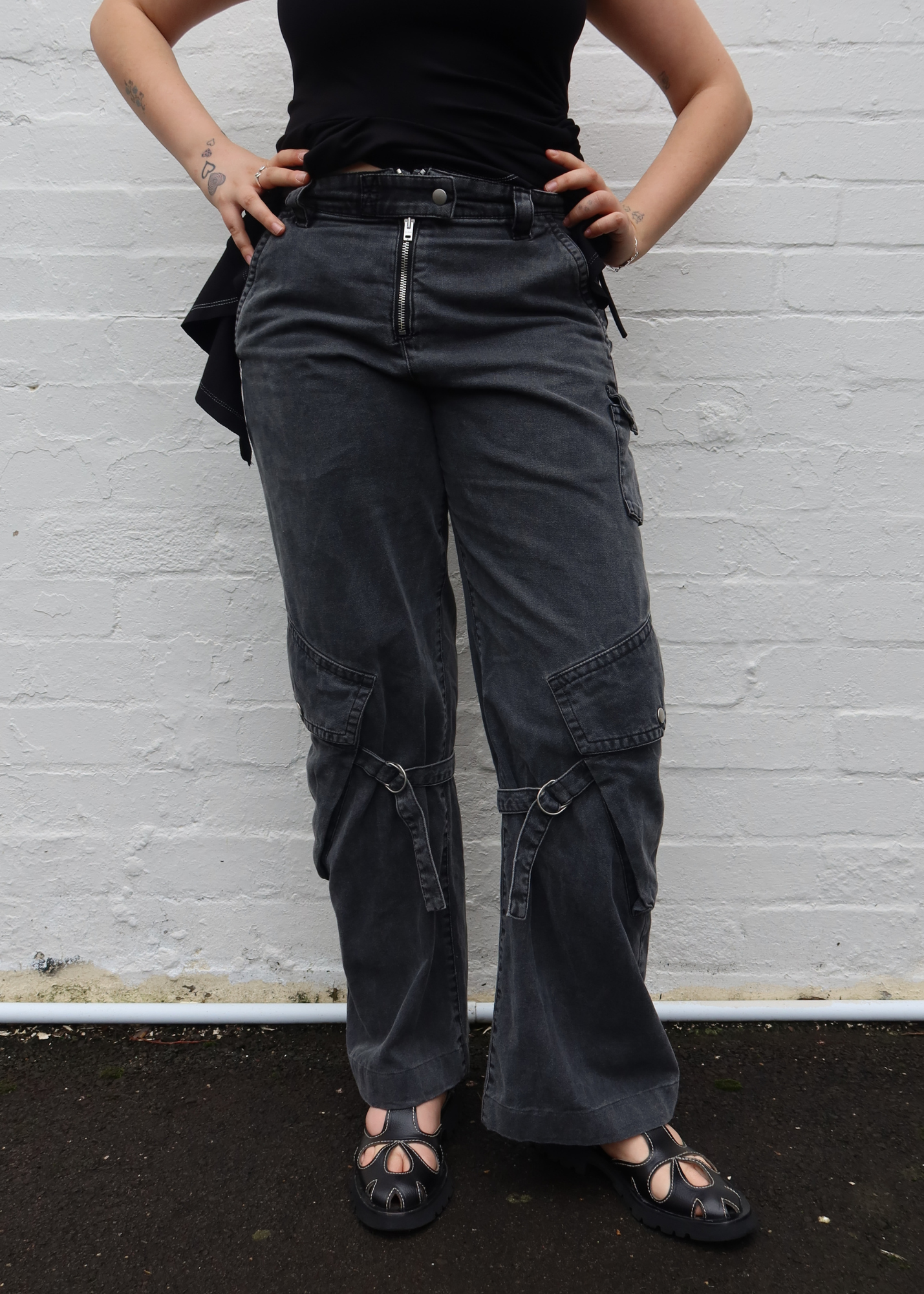ACNE STUDIOS (AS IS) SS23 Grey Cotton Flared Cargo Pants W/ Bondage Straps
