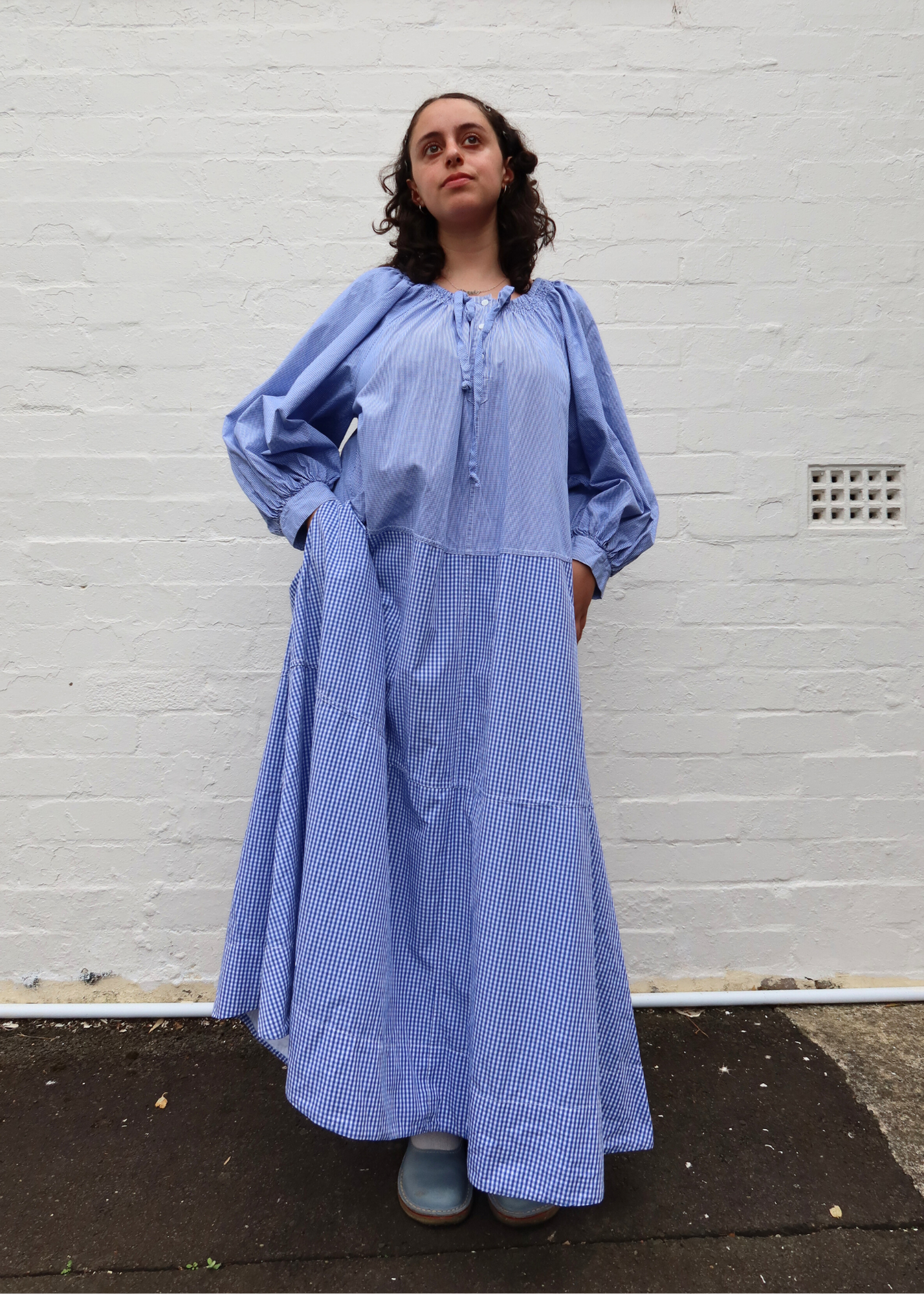 LEE MATHEWS Gingham Shirred Maxi Dress