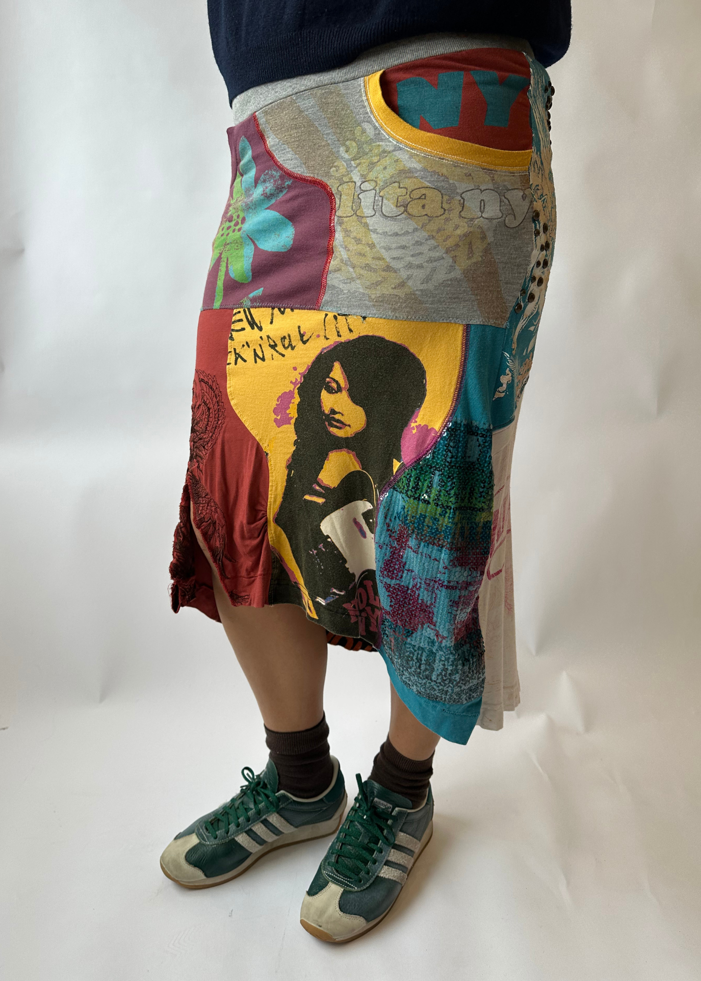 NOLITA Patchwork Screen Print + Sequin Jersey Midi Skirt