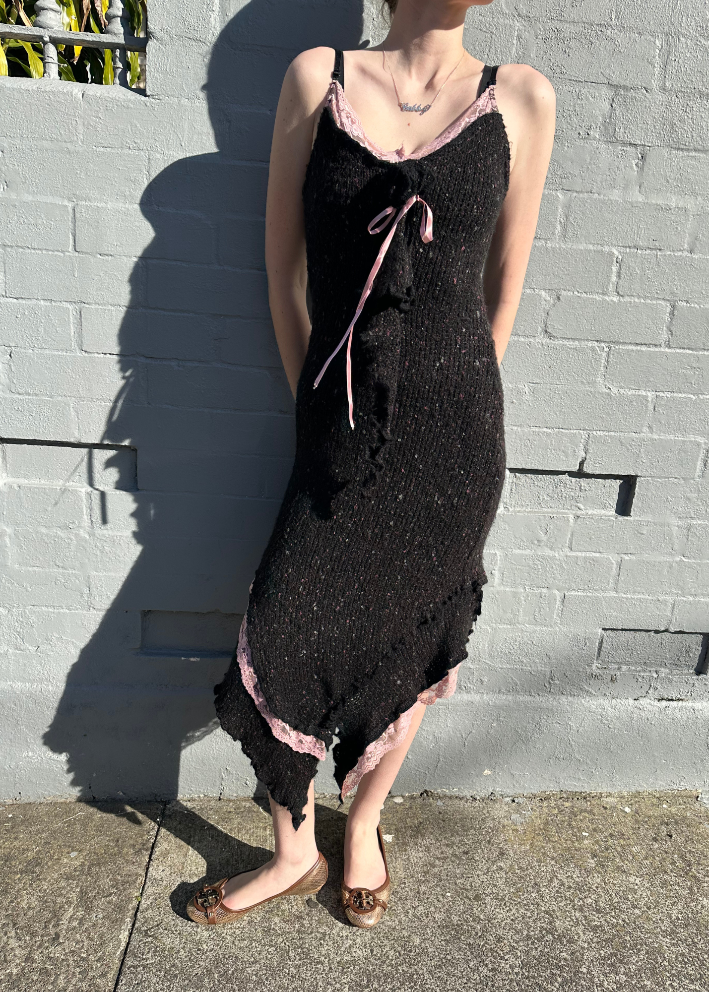 ZONE BLEU Knit Rosette Lace Midi Dress