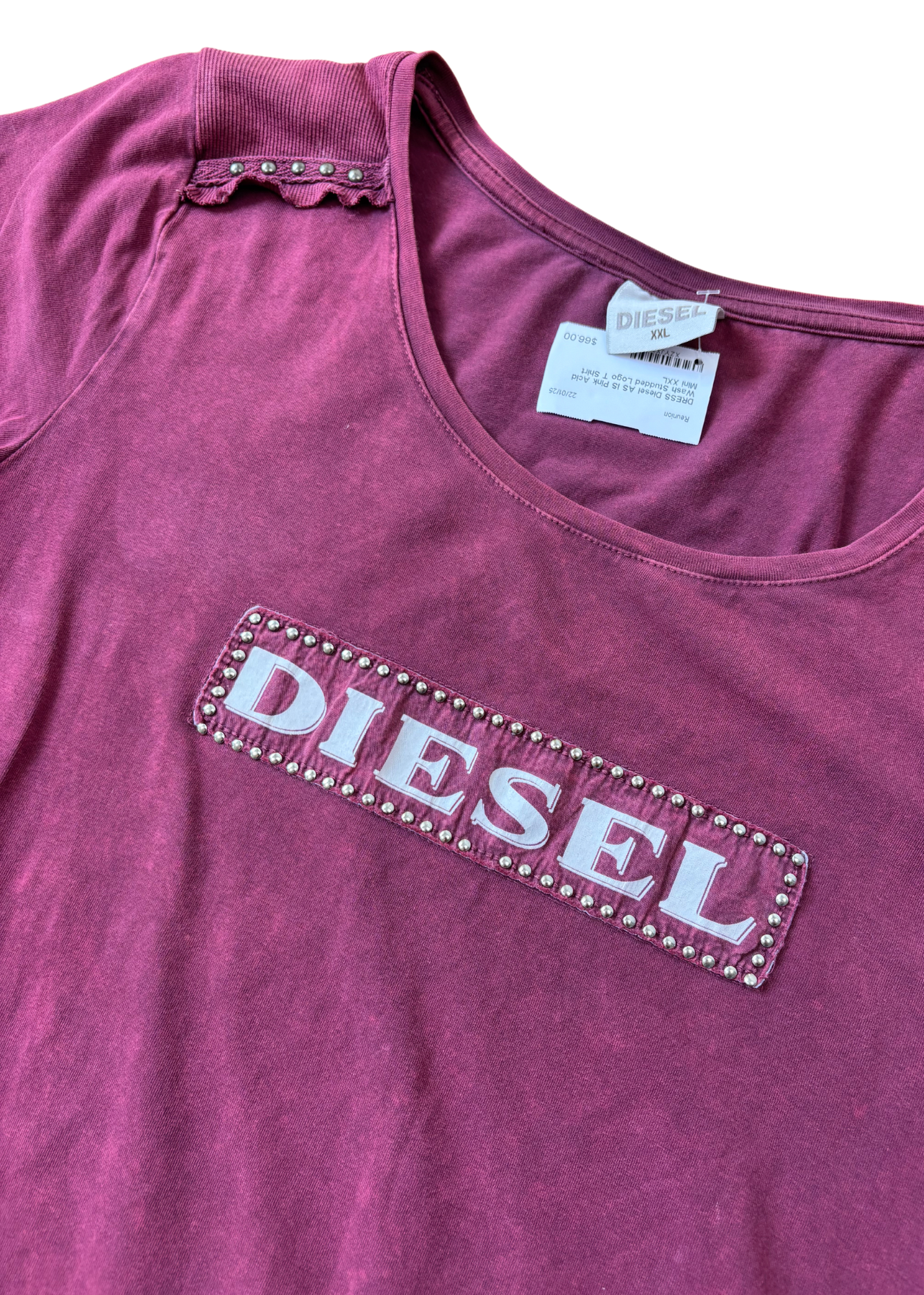 DIESEL Pink Acid Wash Studded Logo T-Shirt Mini Dress