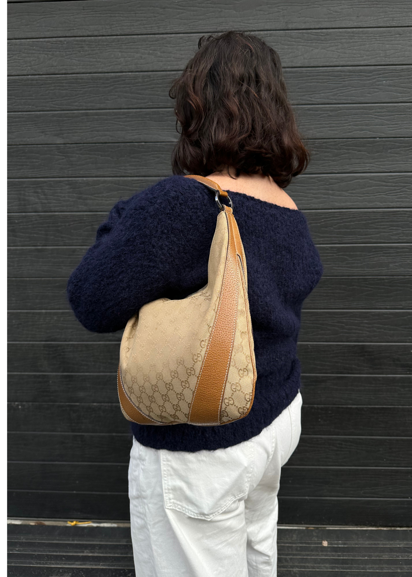VINTAGE GUCCI (AS IS) GG Monogram Canvas + Leather Hobo Bag