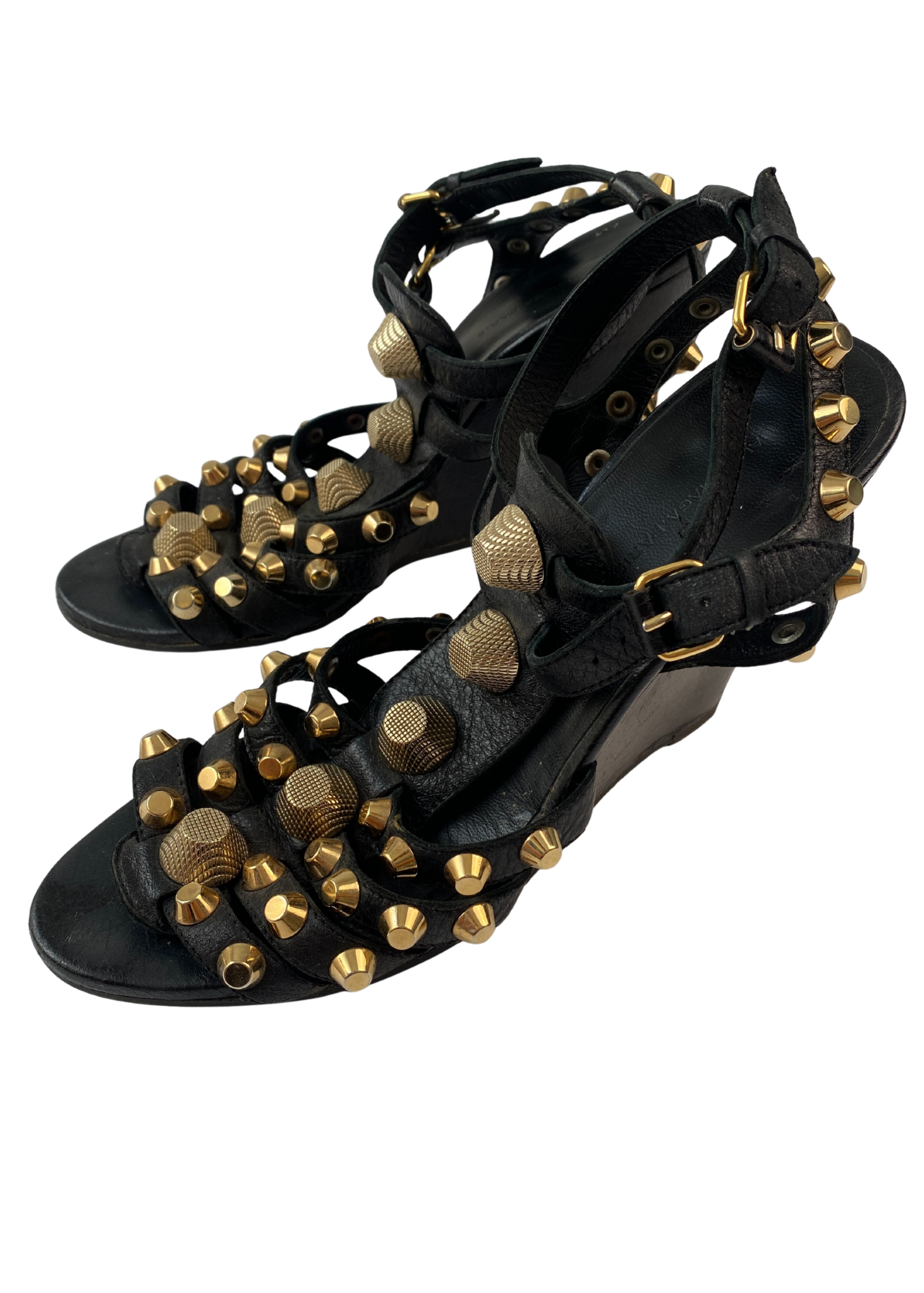 BALENCIAGA (AS IS) 'Arena' Gold Studded Gladiator Wedge Heels