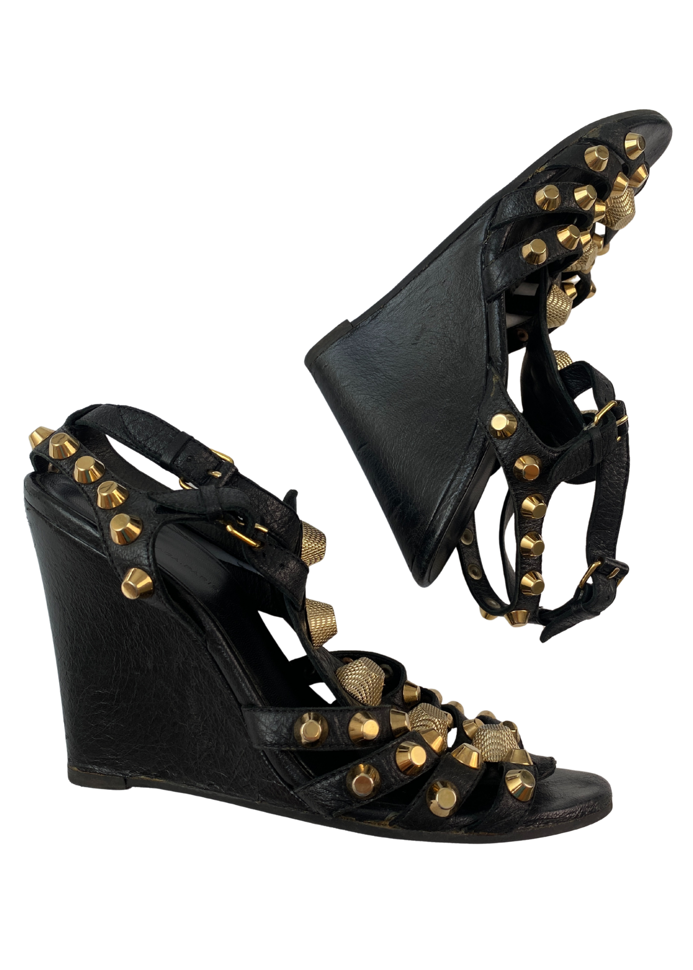 BALENCIAGA (AS IS) 'Arena' Gold Studded Gladiator Wedge Heels