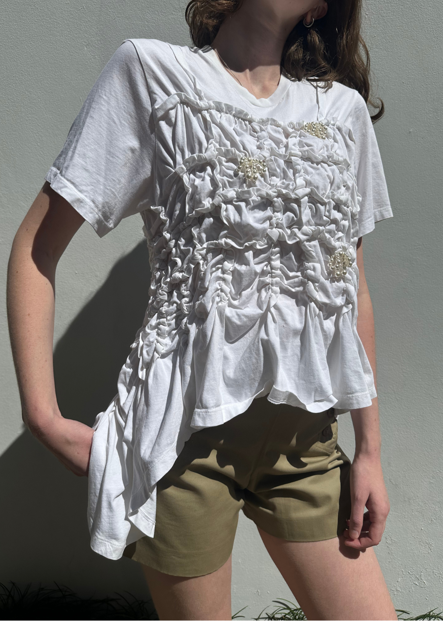 SIMONE ROCHA (AS IS) Pearl + Bows Cinched Asymmetrical T-Shirt