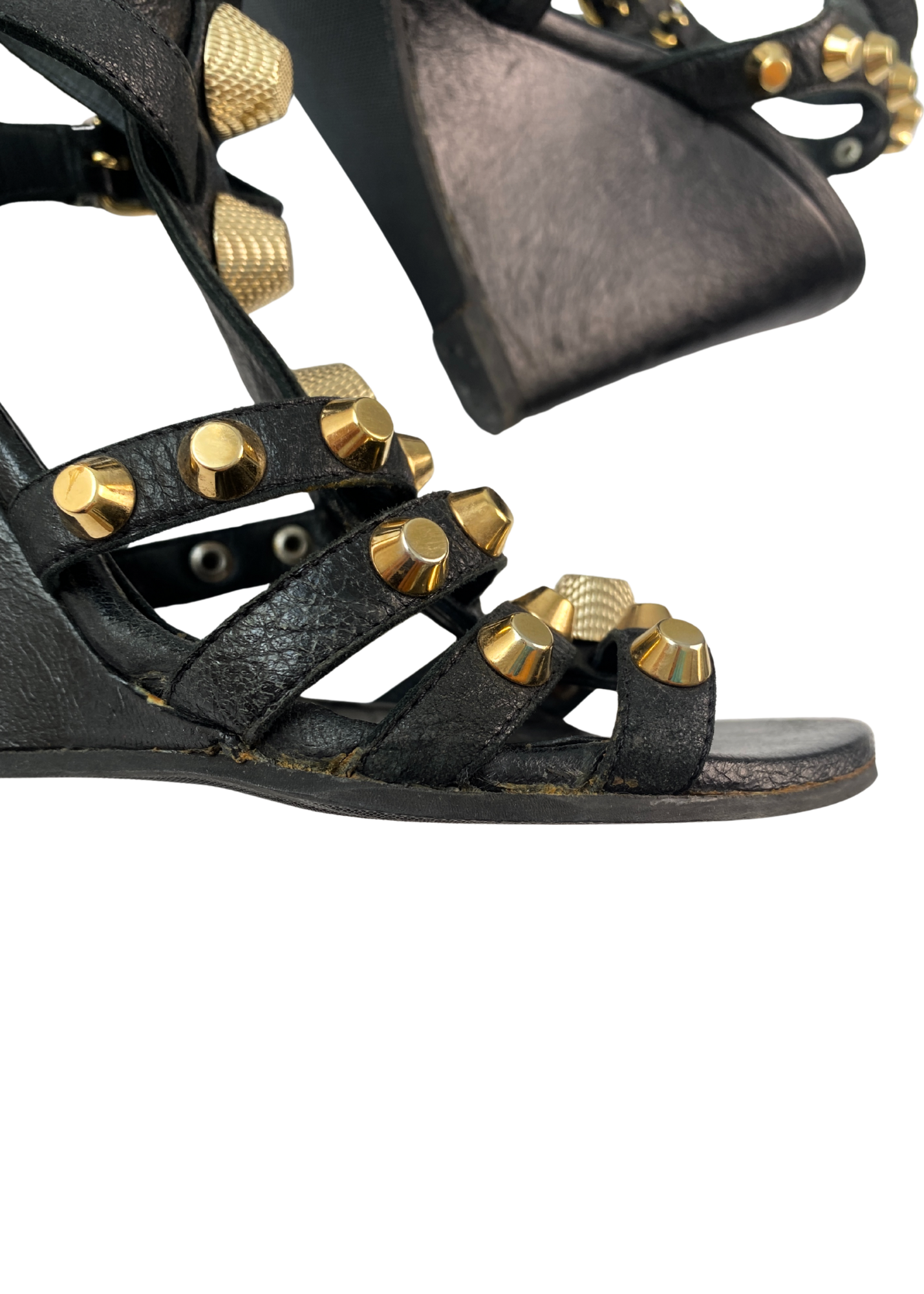 BALENCIAGA (AS IS) 'Arena' Gold Studded Gladiator Wedge Heels