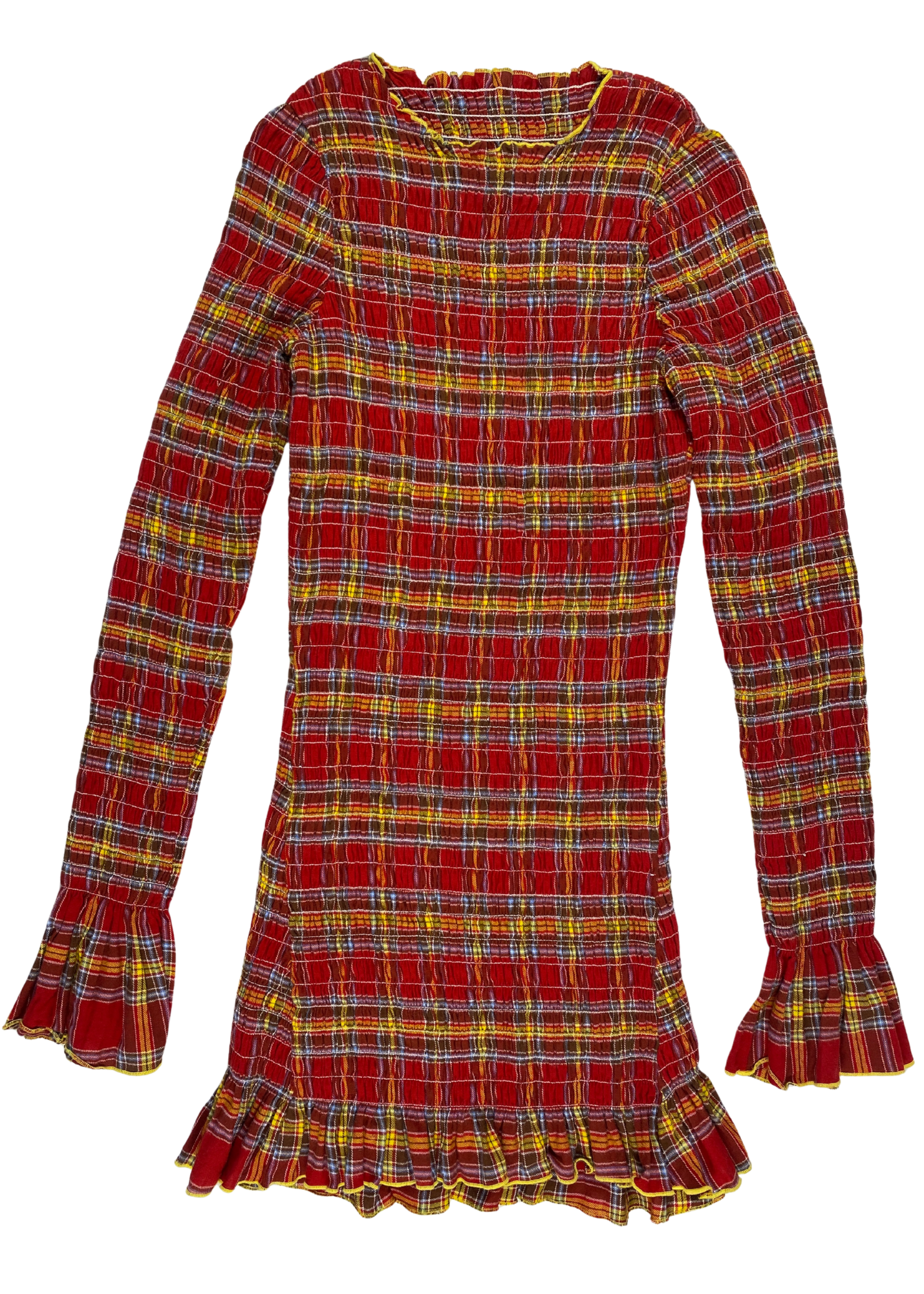 APRES STUDIO Tartan Ruched Long Sleeve Mini Dress