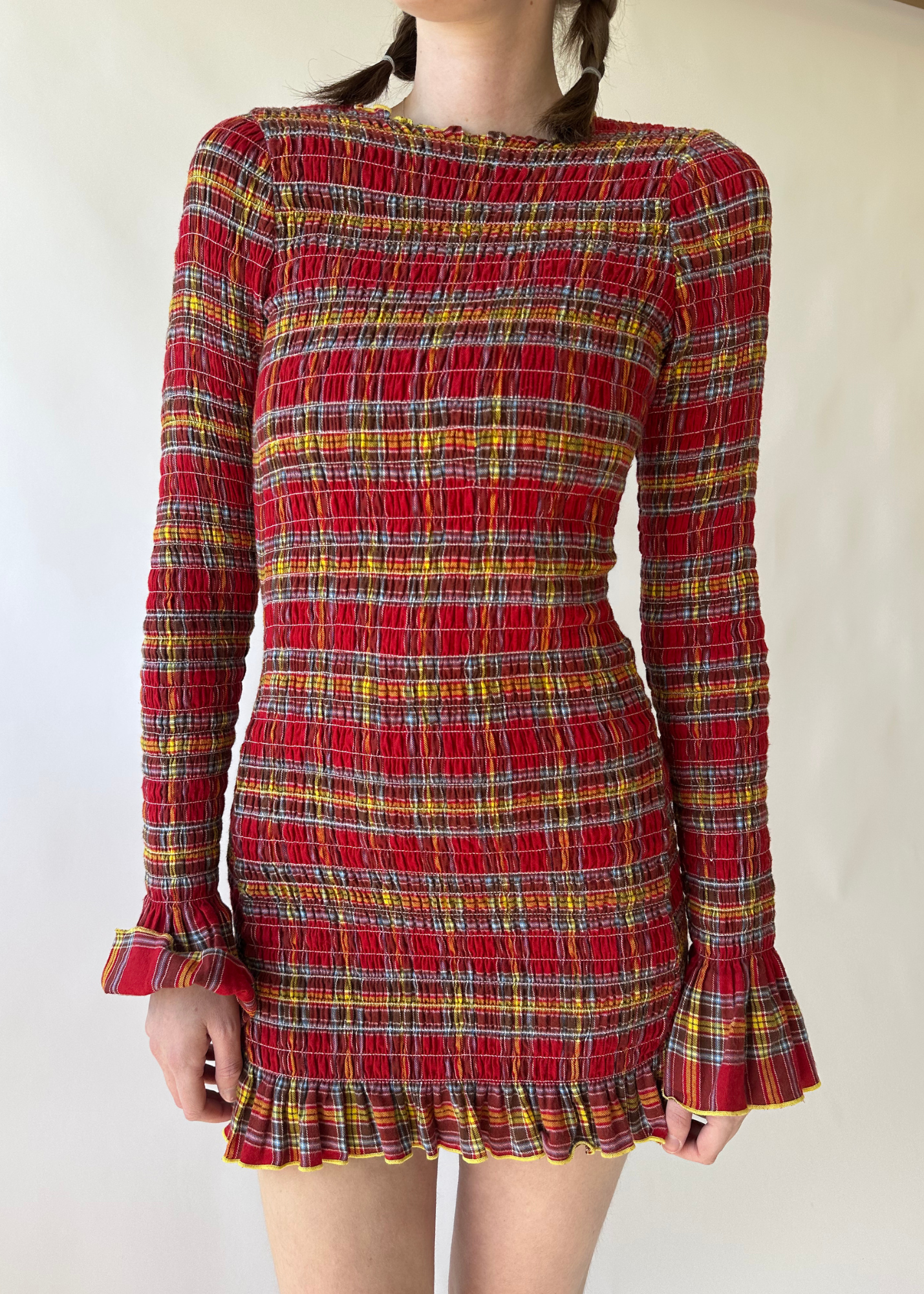 APRES STUDIO Tartan Ruched Long Sleeve Mini Dress