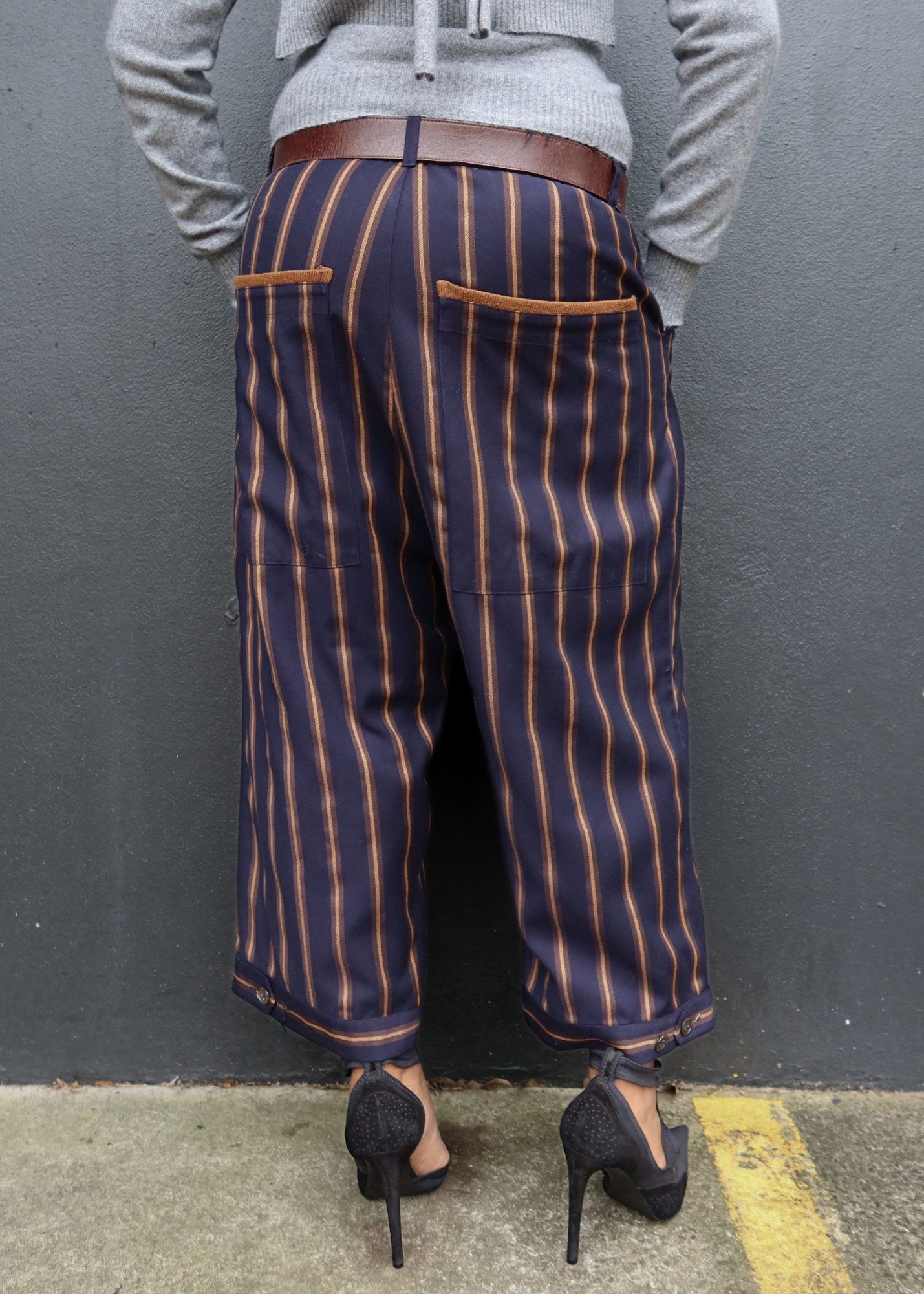 COOPER Navy/Brown Stripe Raw Waist Pants