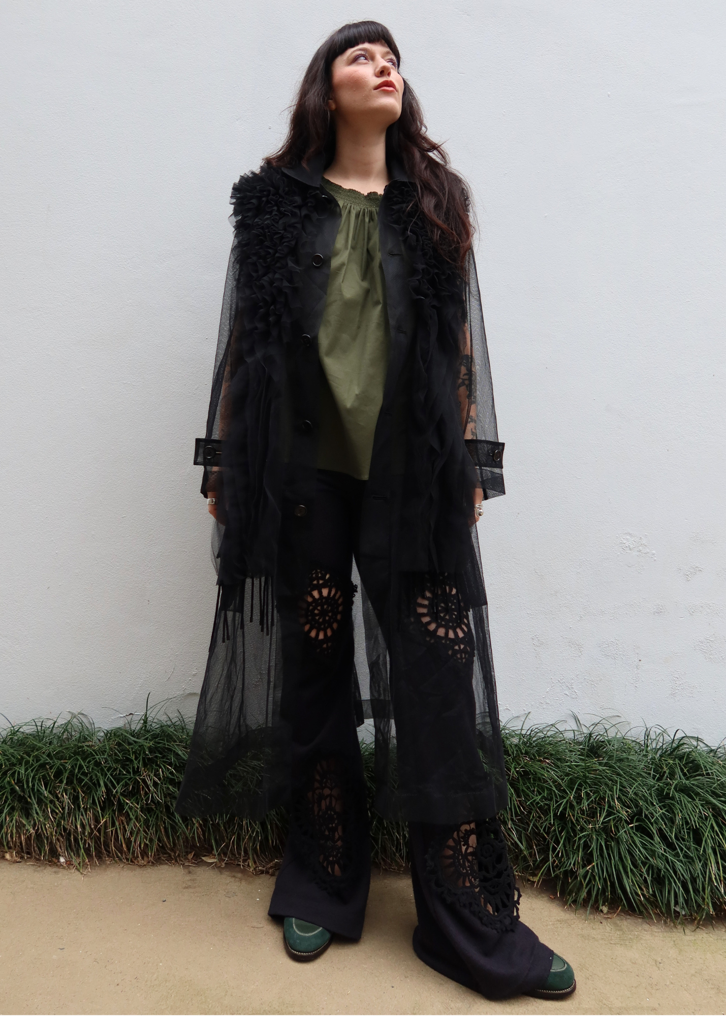 NOIR KEI NINOMIYA 2019 Mesh Ruffle Applique Coat W/ Peter Pan Collar