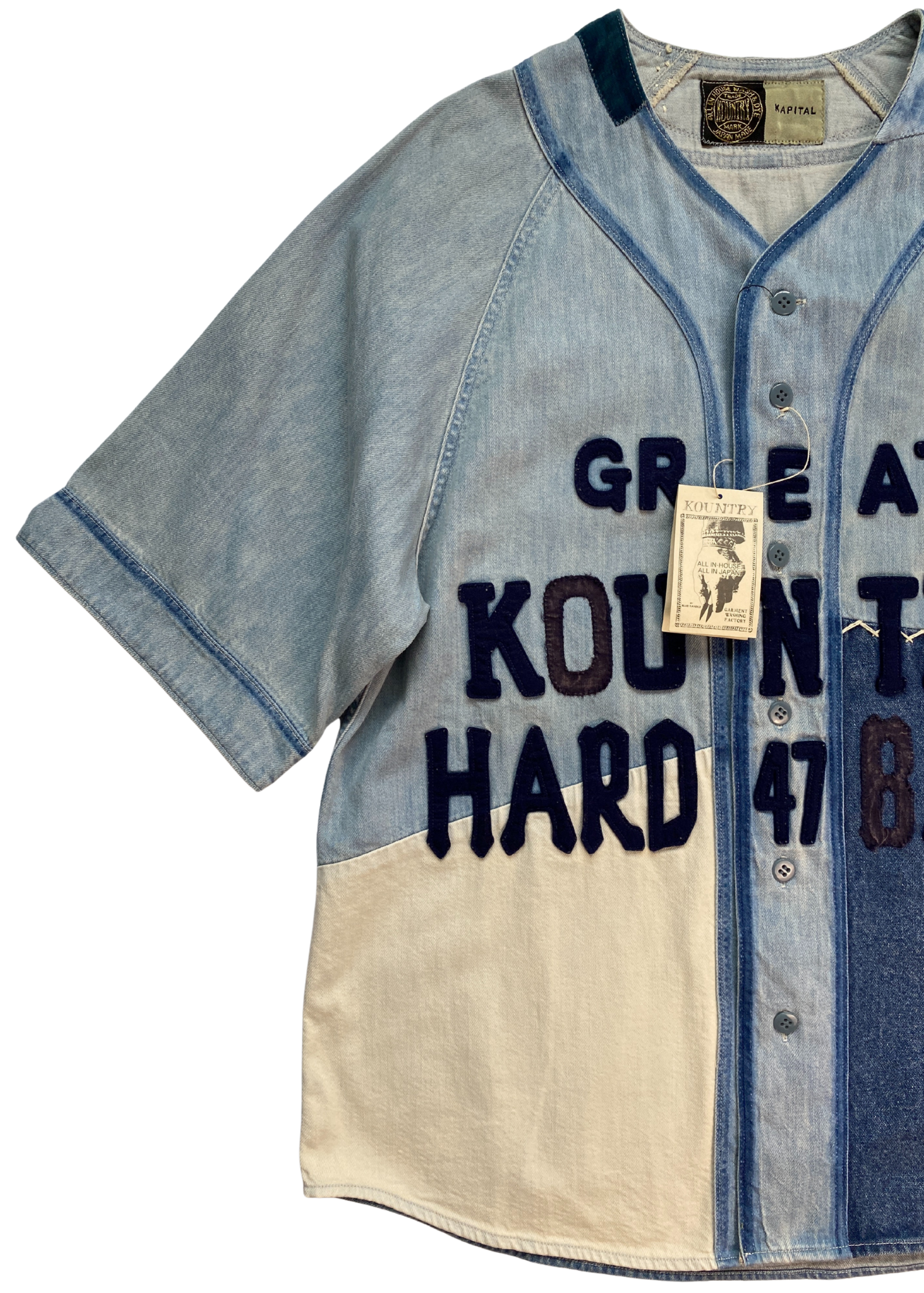 KAPITAL (BNWT) 8oz Reconstructed Denim 'GREAT KOUNTRY' Baseball Shirt