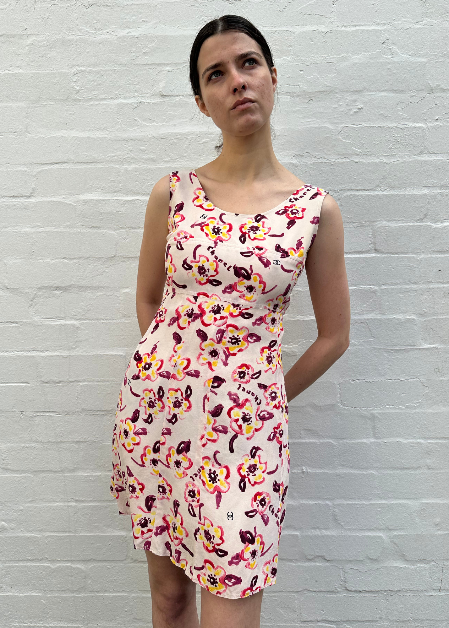 VINTAGE CHANEL (AS IS) 1996 Camelia Print Silk Mini Dress