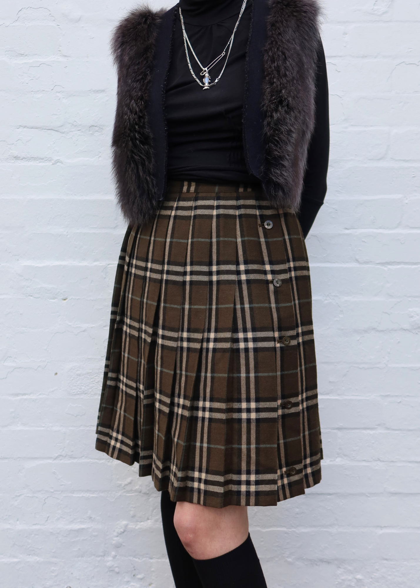 BURBERRYS Vintage Wool Plaid Pleated Midi Skirt