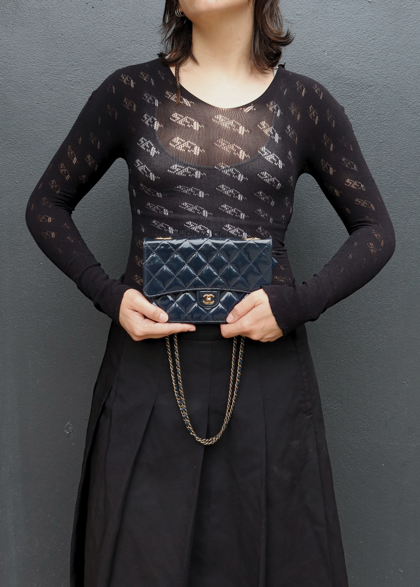 CHANEL 2015 Navy Patent Leather 'Eyelet CC Wallet on Chain' Bag