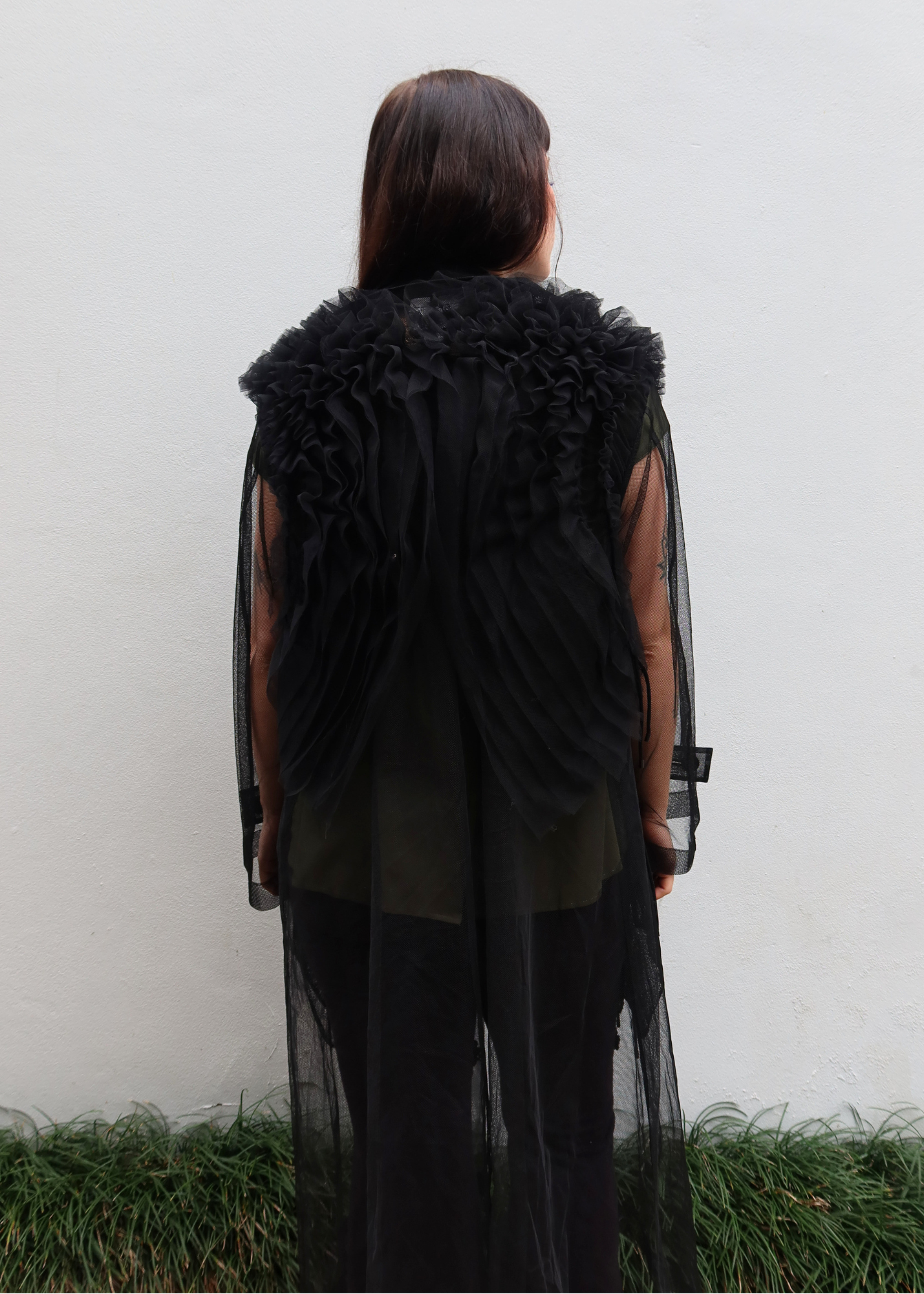 NOIR KEI NINOMIYA 2019 Mesh Ruffle Applique Coat W/ Peter Pan Collar