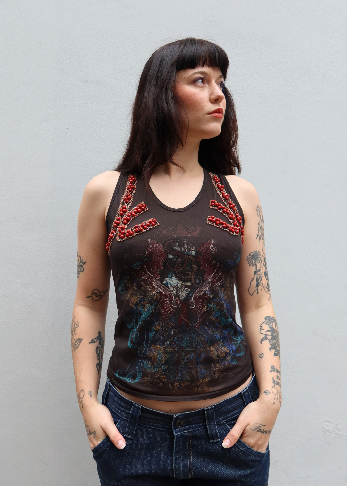 SAVE THE QUEEN Vintage Grey Printed/Beaded Mesh Double Layer Singlet