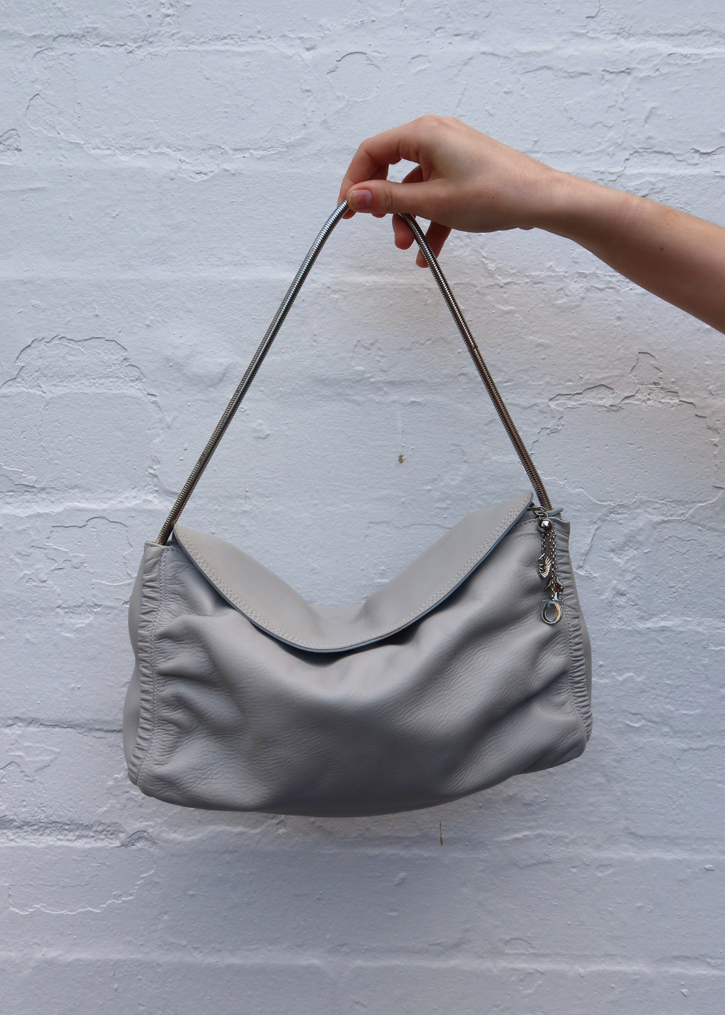 SALVATORE FERRAGAMO (AS IS) Grey Leather Ruched Bag W/ Charms
