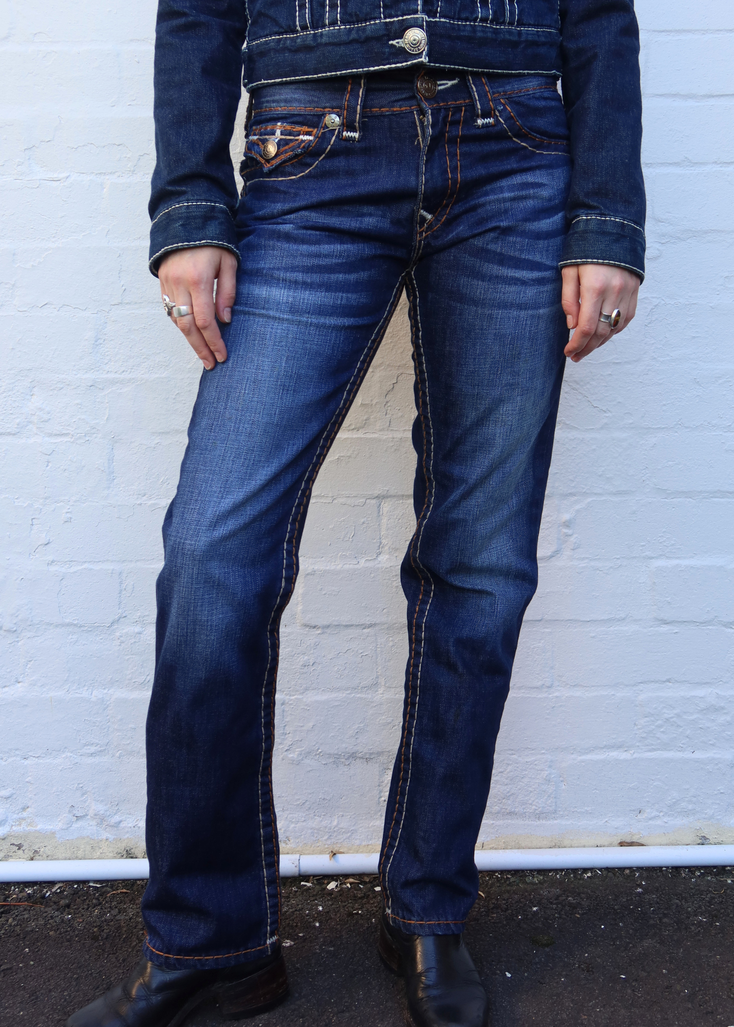 TRUE RELIGION Dark Wash Whiskered Straight Leg Jeans