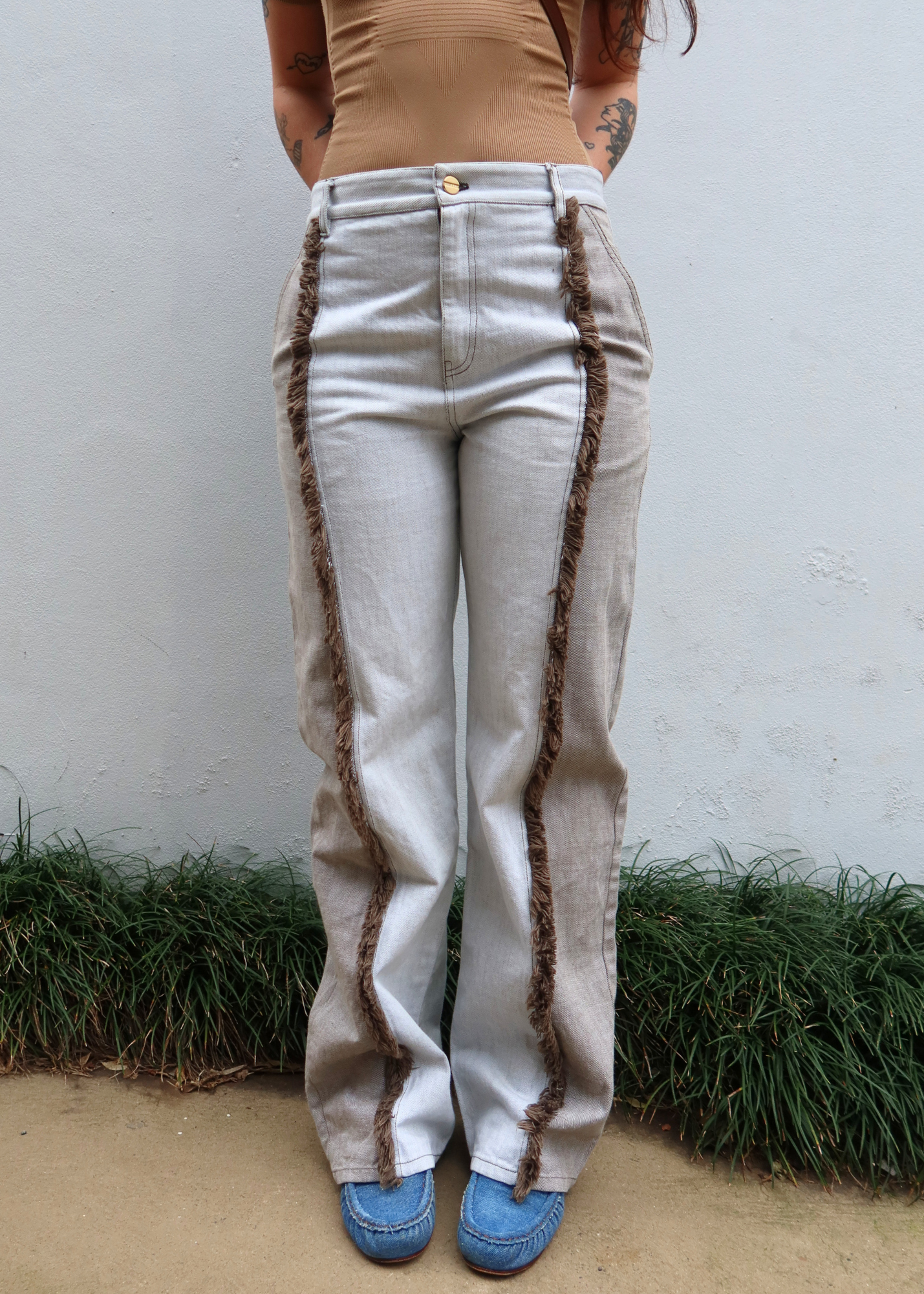 DION LEE White/Brown Shaggy Denim Jeans
