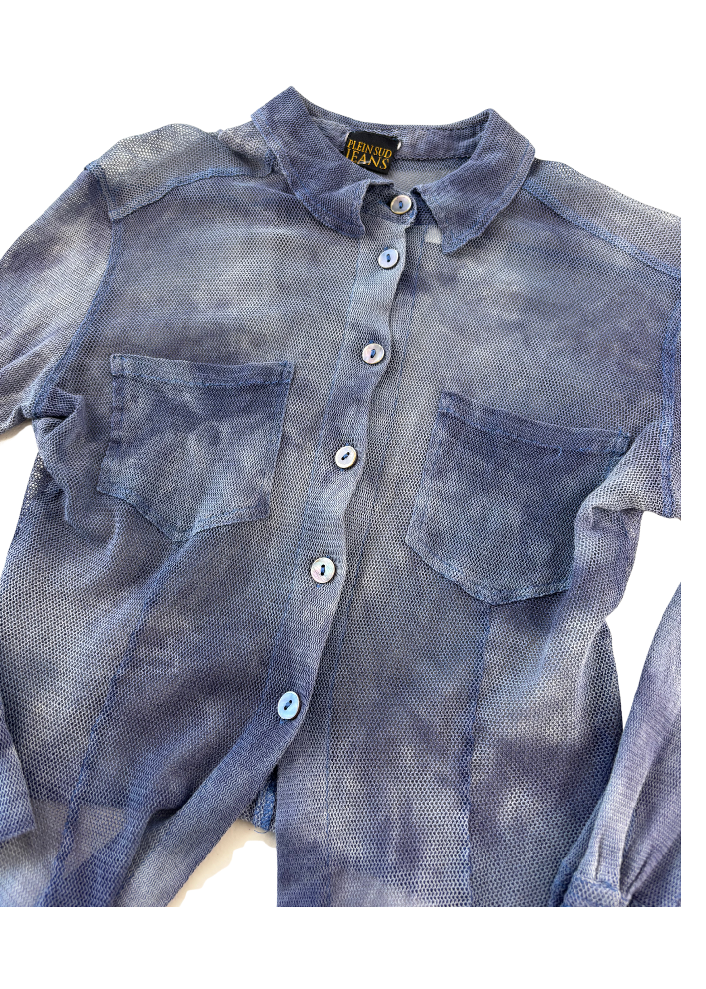 PLEIN SUD JEANS Blue Acid Wash Fishnet Button Down