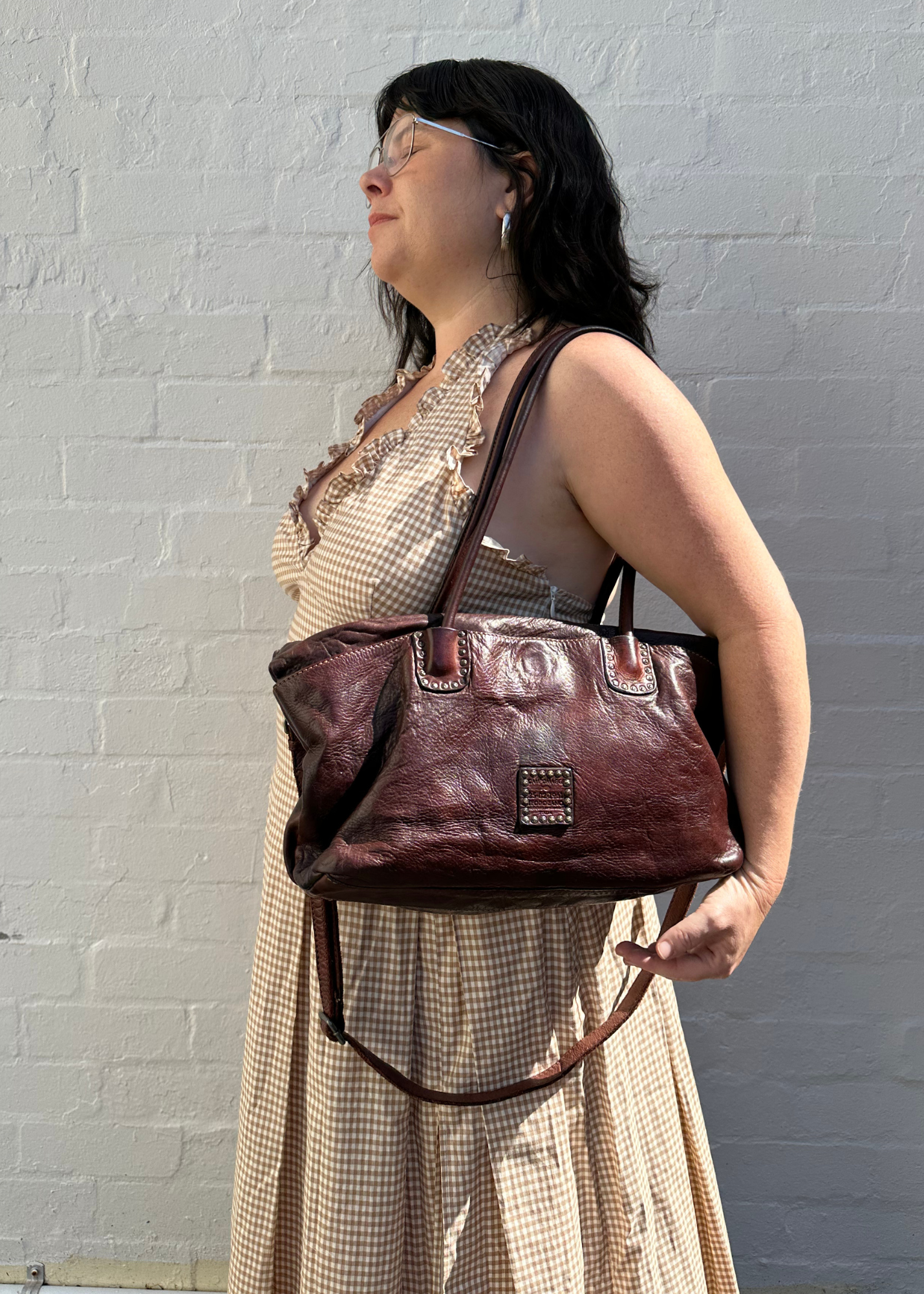 CAMPOMAGGI Leather Gold Studded W Crossbody Strap