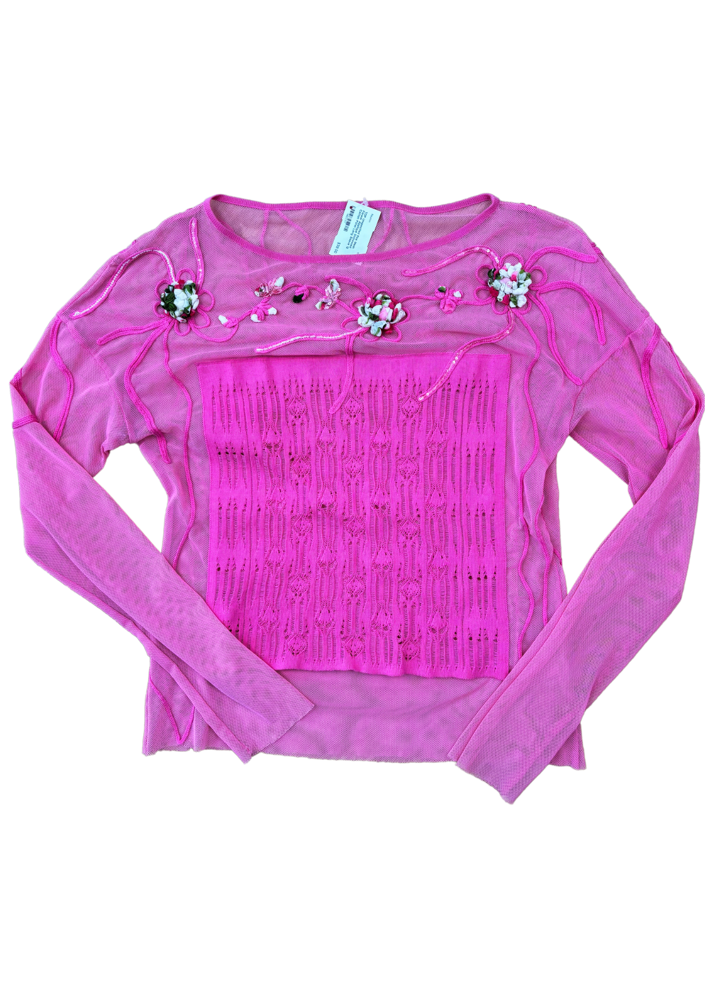 UNLABLED Mesh Flower Applique Distressed Long Sleeve Top