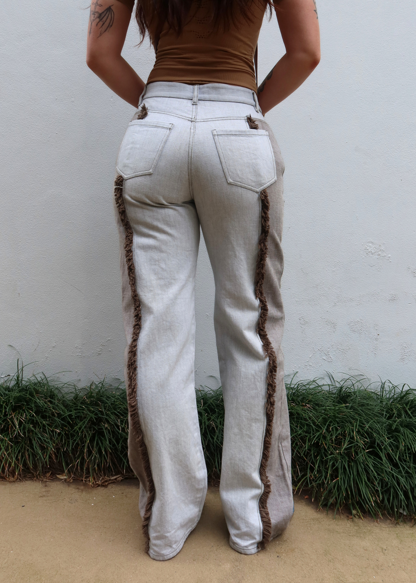 DION LEE White/Brown Shaggy Denim Jeans