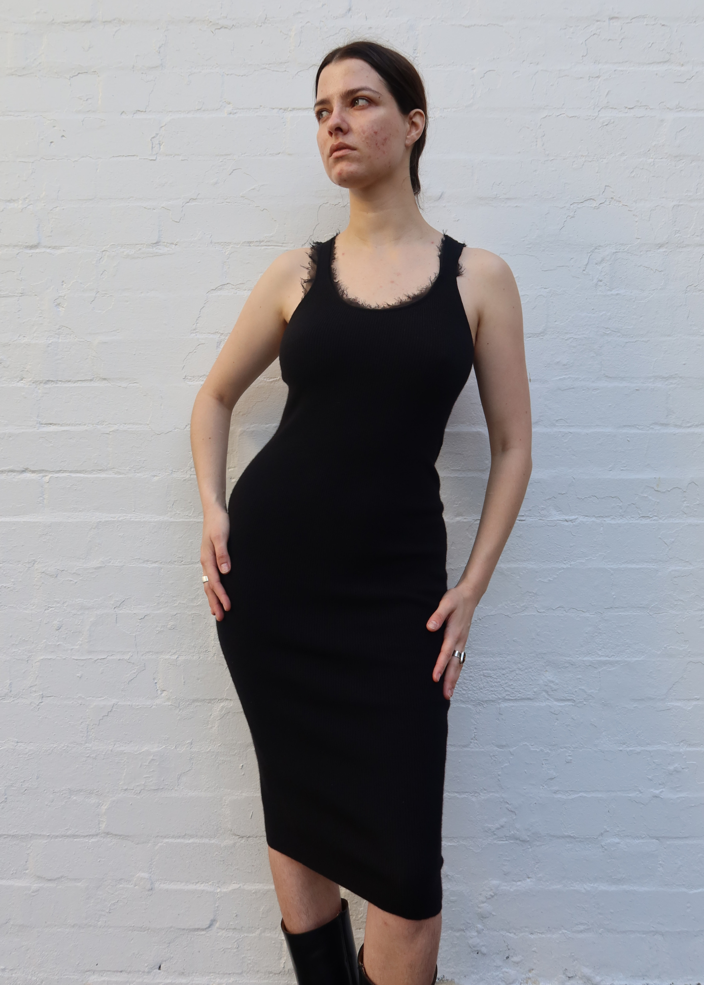 TOM FORD Rib Knit Chiffon Trim Midi Dress