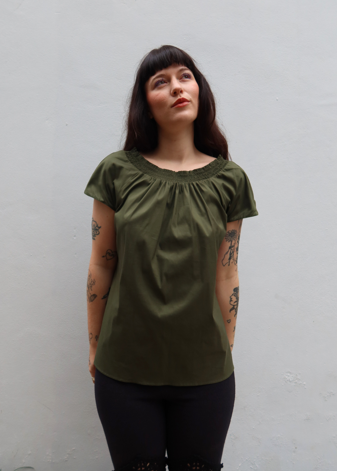 PRADA 2015 Green Cotton Smocked Neckline Top
